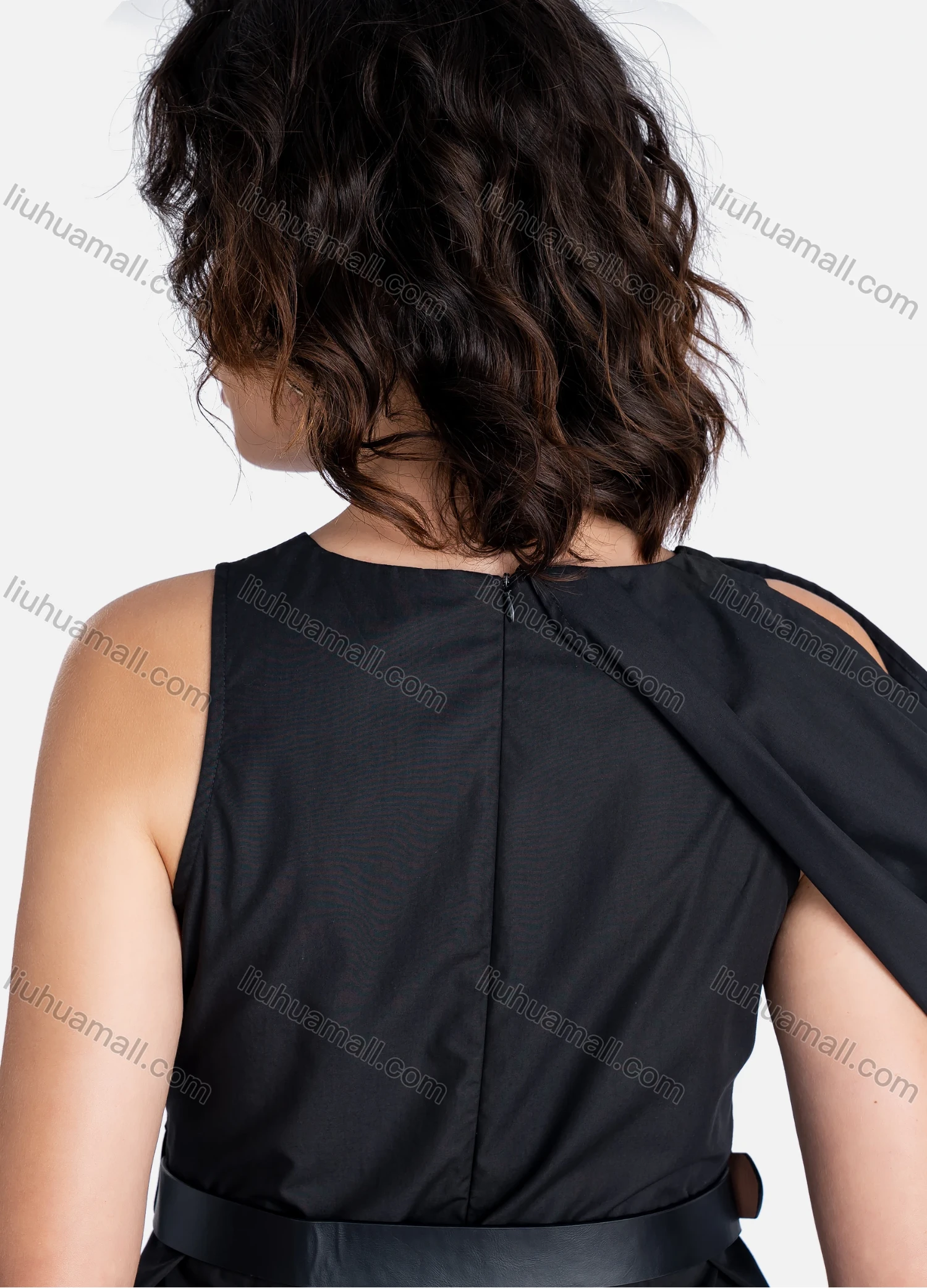 Wholesale Women's Casual Plain Round Neck One Side Sleeve Asymmetrical Hem Blouse With Belt V2138# - Liuhuamall