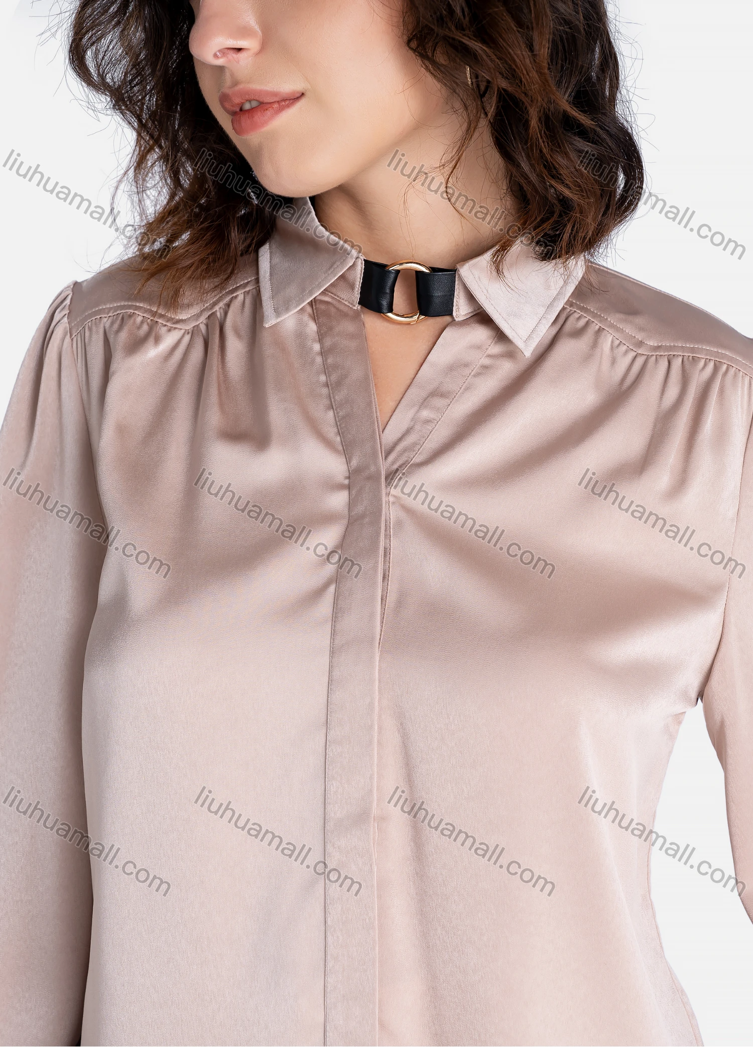 Wholesale Women's Casual Plain Buckle Neck Long Sleeve Blouse - Liuhuamall