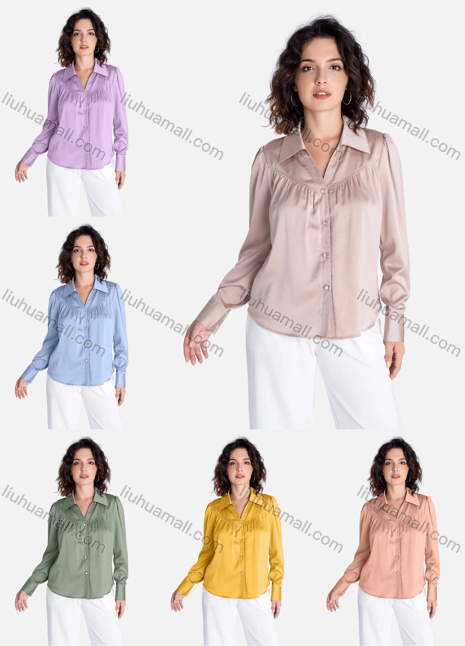 Wholesale Women's Casual Plain Button Down Ruched Long Sleeve Shirt V2749# - Liuhuamall
