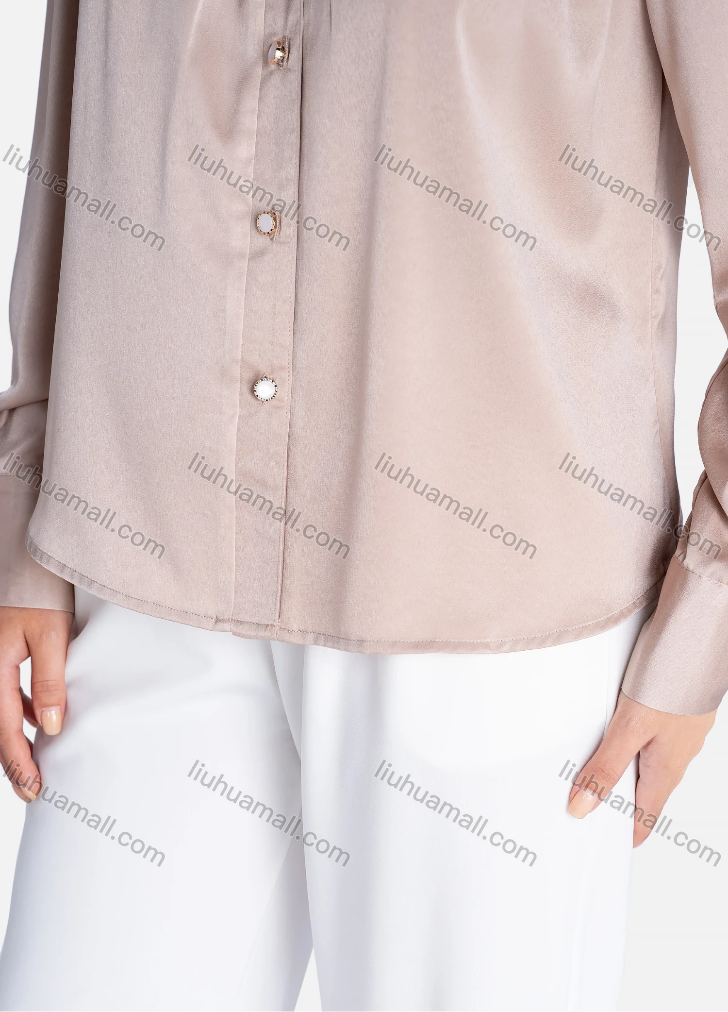 Wholesale Women's Casual Plain Button Down Ruched Long Sleeve Shirt V2749# - Liuhuamall