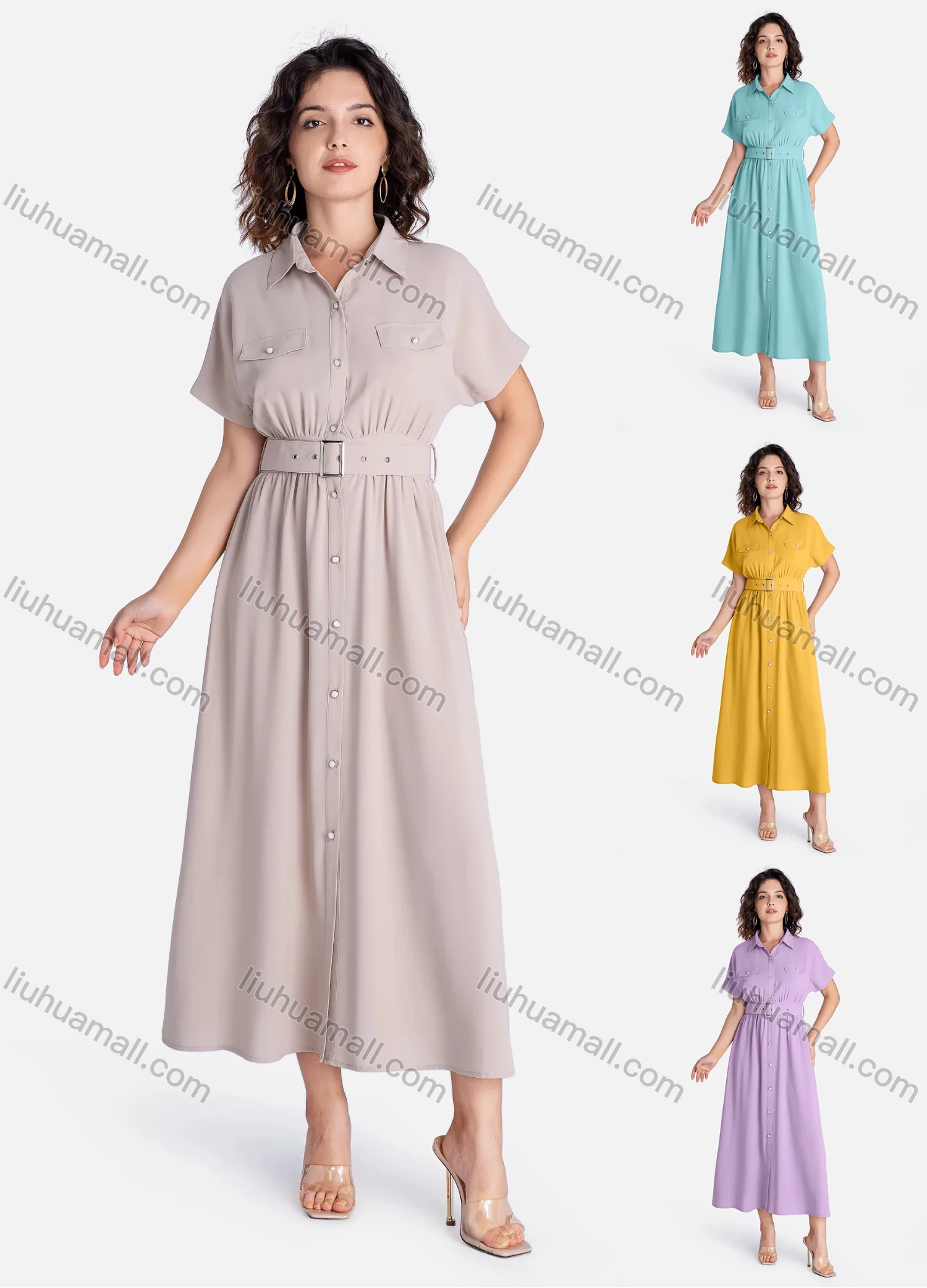 Wholesale Women's Casual Plain Button Down Short Sleeve Ruffle Hem Midi Dress With Belt V2796# - Liuhuamall