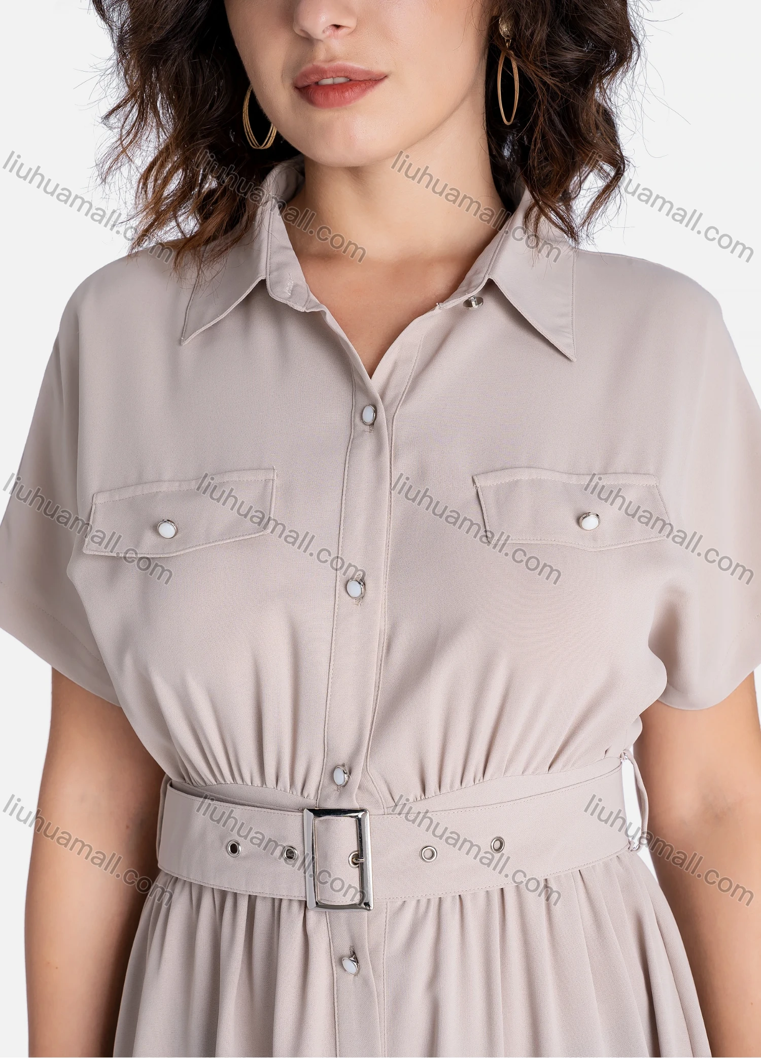 Wholesale Women's Casual Plain Button Down Short Sleeve Ruffle Hem Midi Dress With Belt V2796# - Liuhuamall