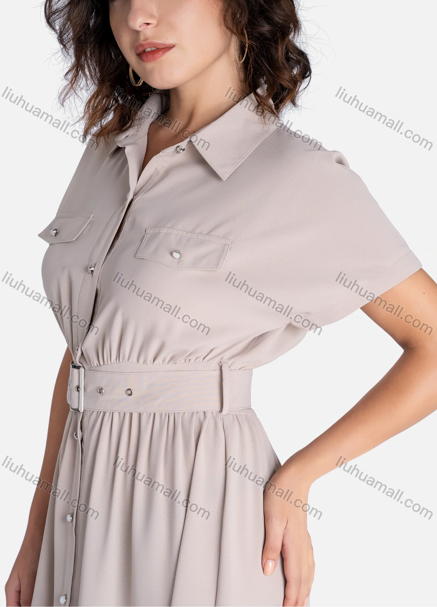 Wholesale Women's Casual Plain Button Down Short Sleeve Ruffle Hem Midi Dress With Belt V2796# - Liuhuamall