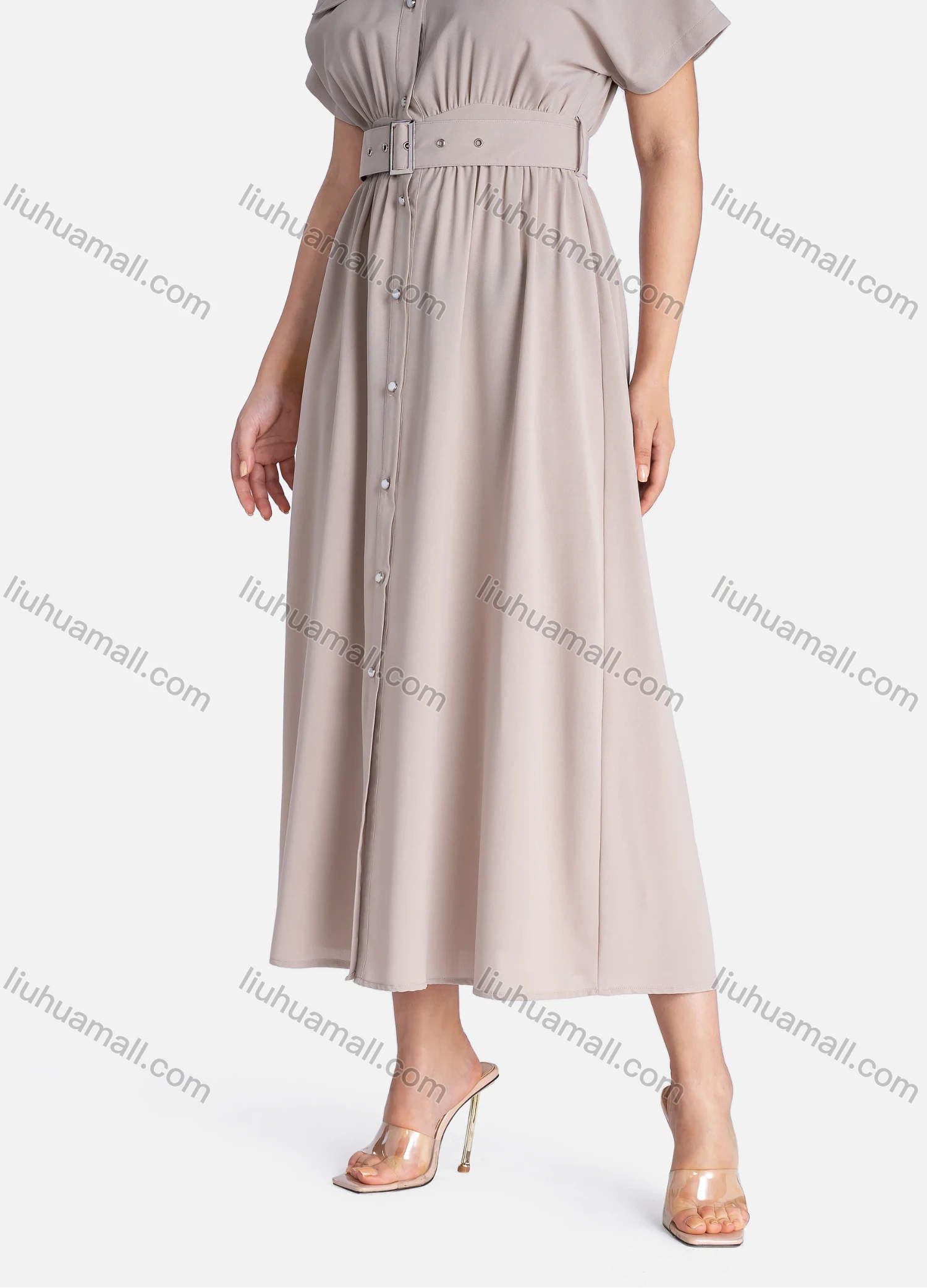 Wholesale Women's Casual Plain Button Down Short Sleeve Ruffle Hem Midi Dress With Belt V2796# - Liuhuamall