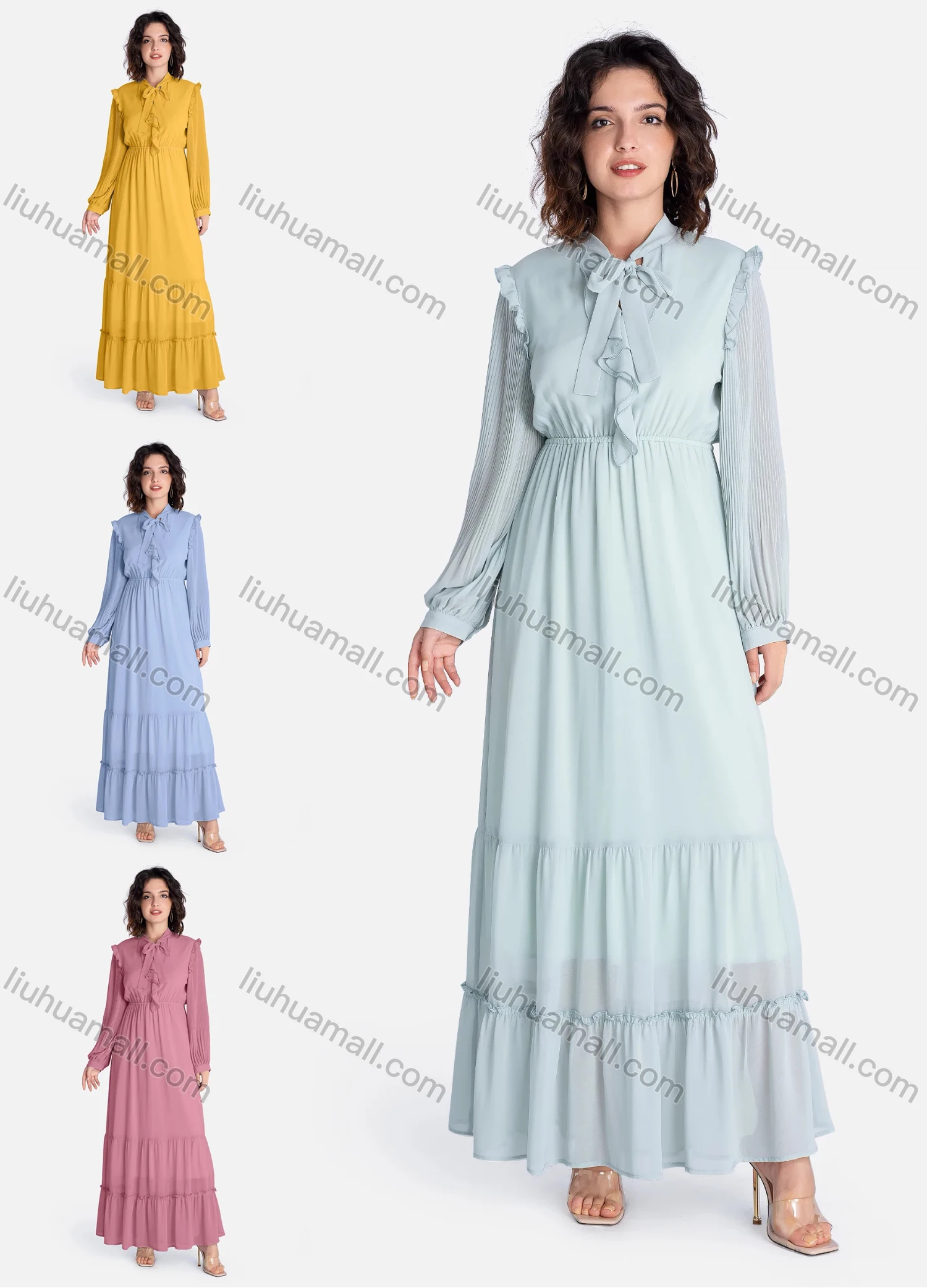 Wholesale Women's Casual Plain Tie Neck Ruffle Trim Ruched Long Sleeve Ruffle Hem Maxi Dress V2685# - Liuhuamall