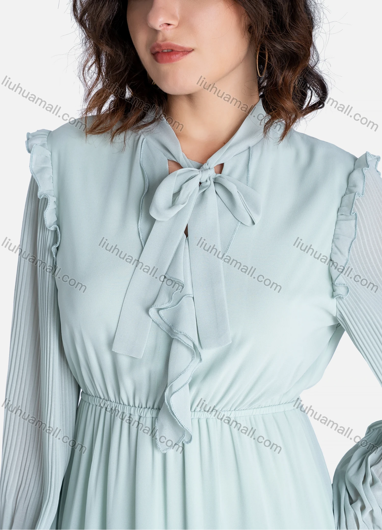 Wholesale Women's Casual Plain Tie Neck Ruffle Trim Ruched Long Sleeve Ruffle Hem Maxi Dress V2685# - Liuhuamall