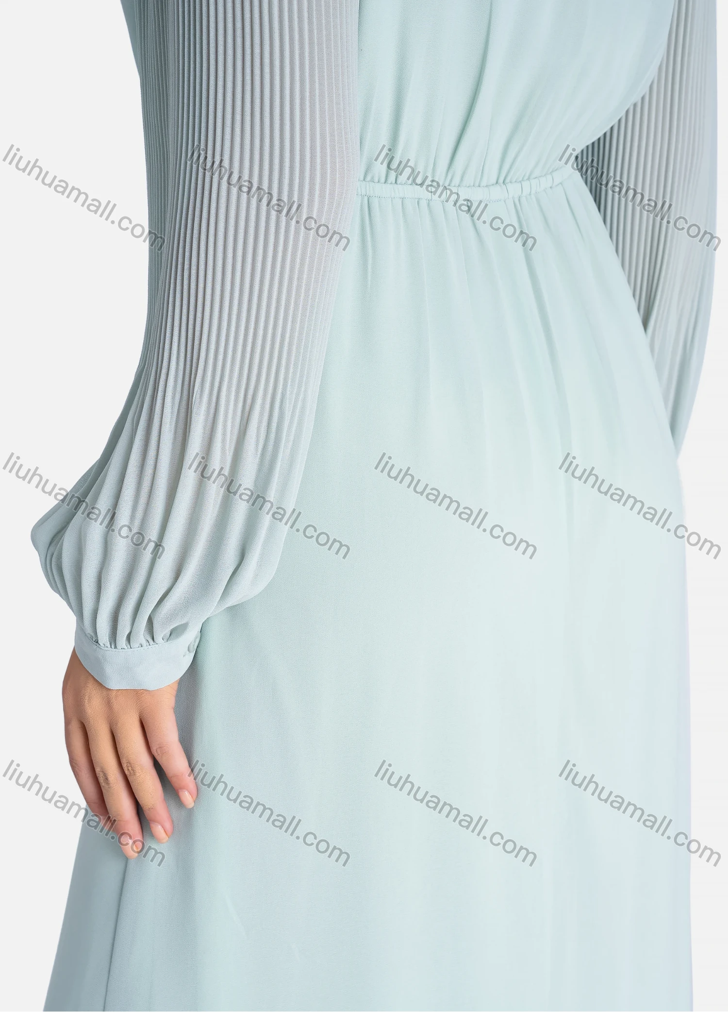 Wholesale Women's Casual Plain Tie Neck Ruffle Trim Ruched Long Sleeve Ruffle Hem Maxi Dress V2685# - Liuhuamall