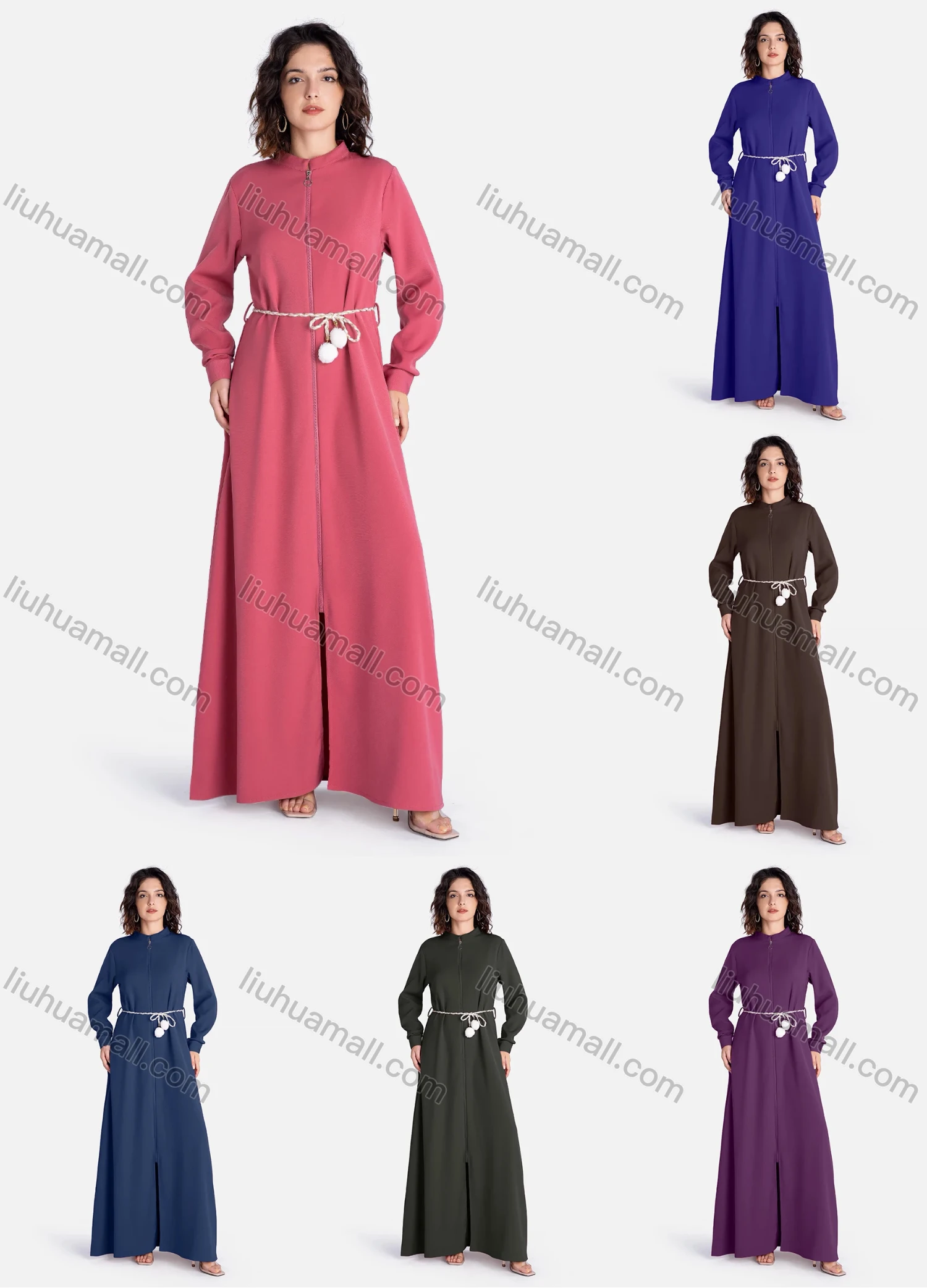 Wholesale Women's Casual Plain Mock Neck Zipper Tie Front Long Sleeve Maxi Dress With Belt V1093-2# - Liuhuamall