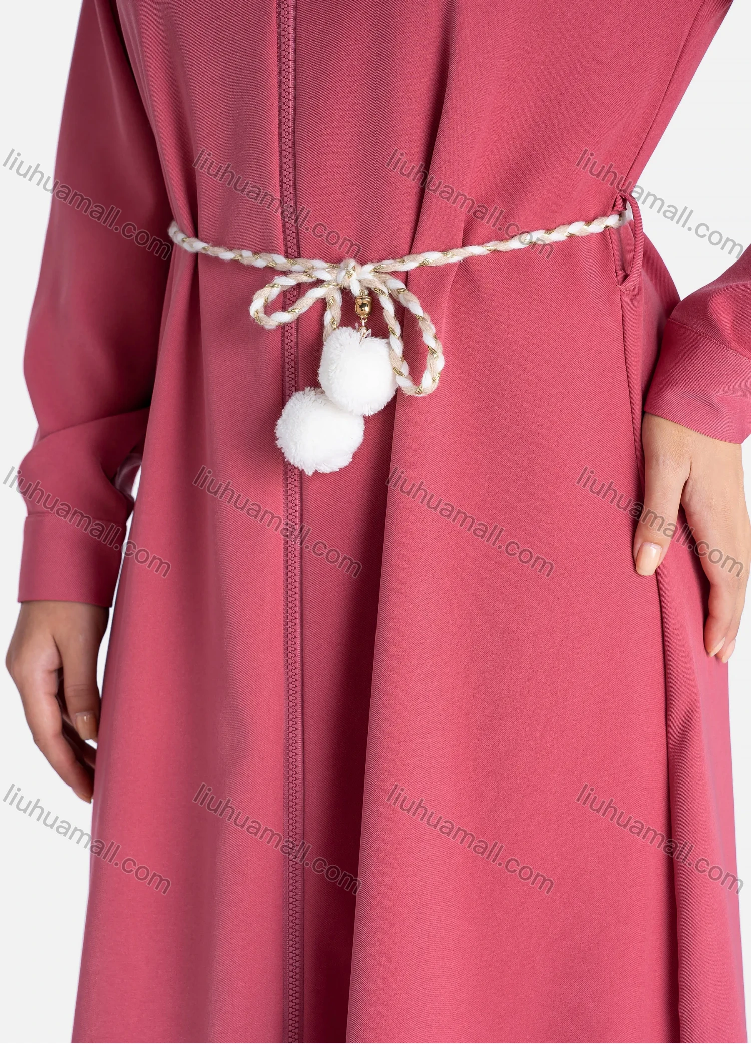 Wholesale Women's Casual Plain Mock Neck Zipper Tie Front Long Sleeve Maxi Dress With Belt V1093-2# - Liuhuamall