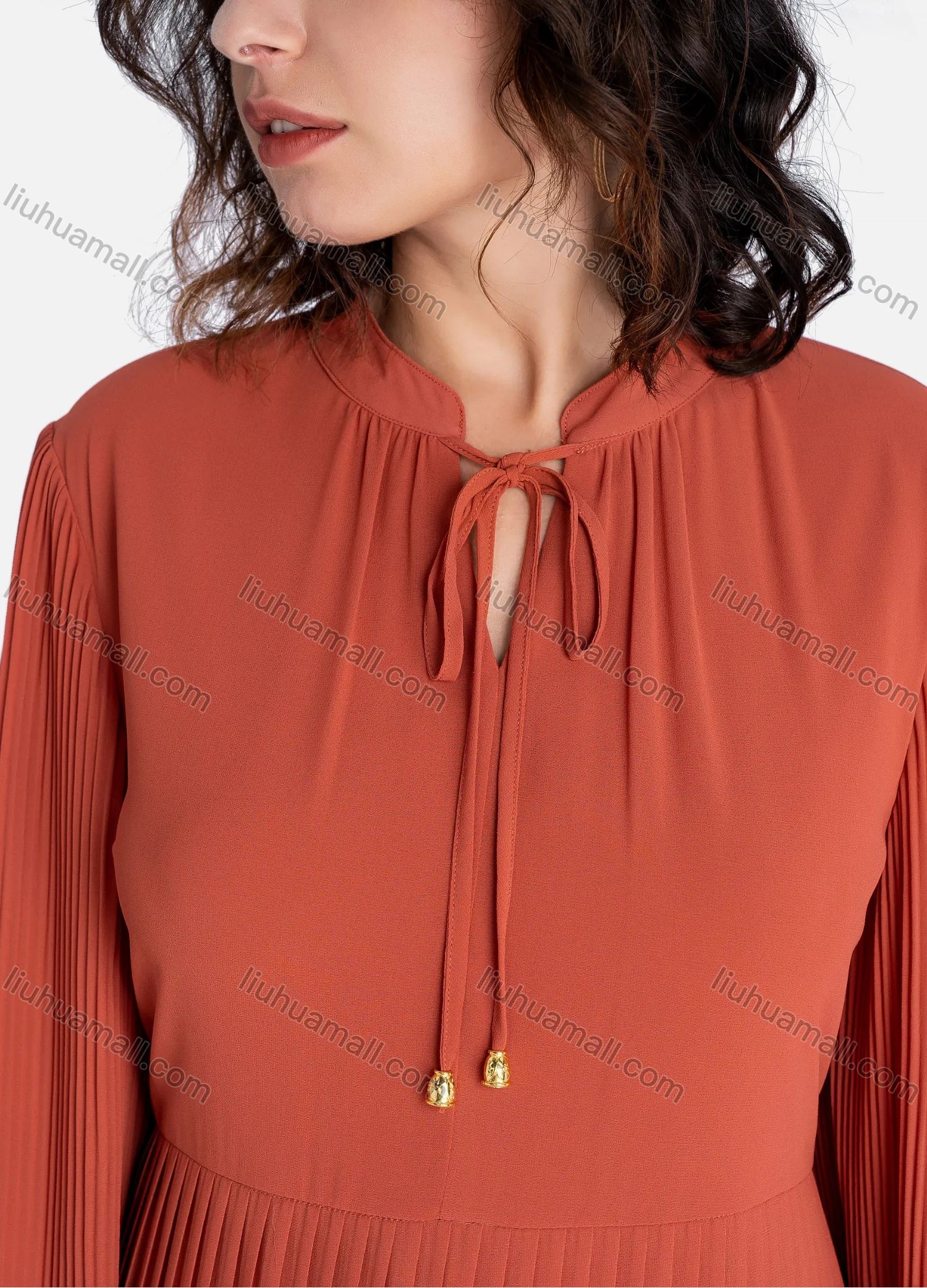 Wholesale Women's Casual Plain Tie Neck Long Sleeve Pleated Ruffle Hem Maxi Dress V2686# - Liuhuamall