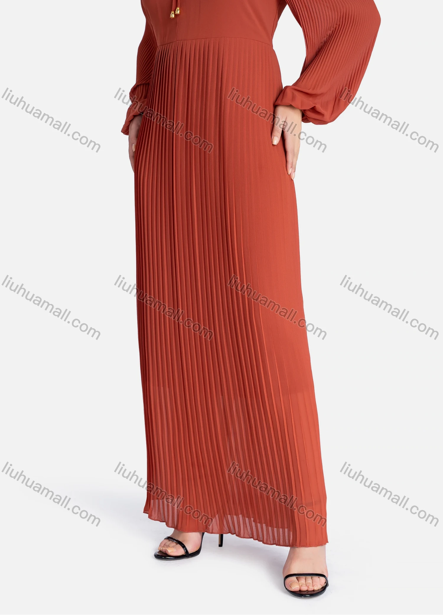 Wholesale Women's Casual Plain Tie Neck Long Sleeve Pleated Ruffle Hem Maxi Dress V2686# - Liuhuamall
