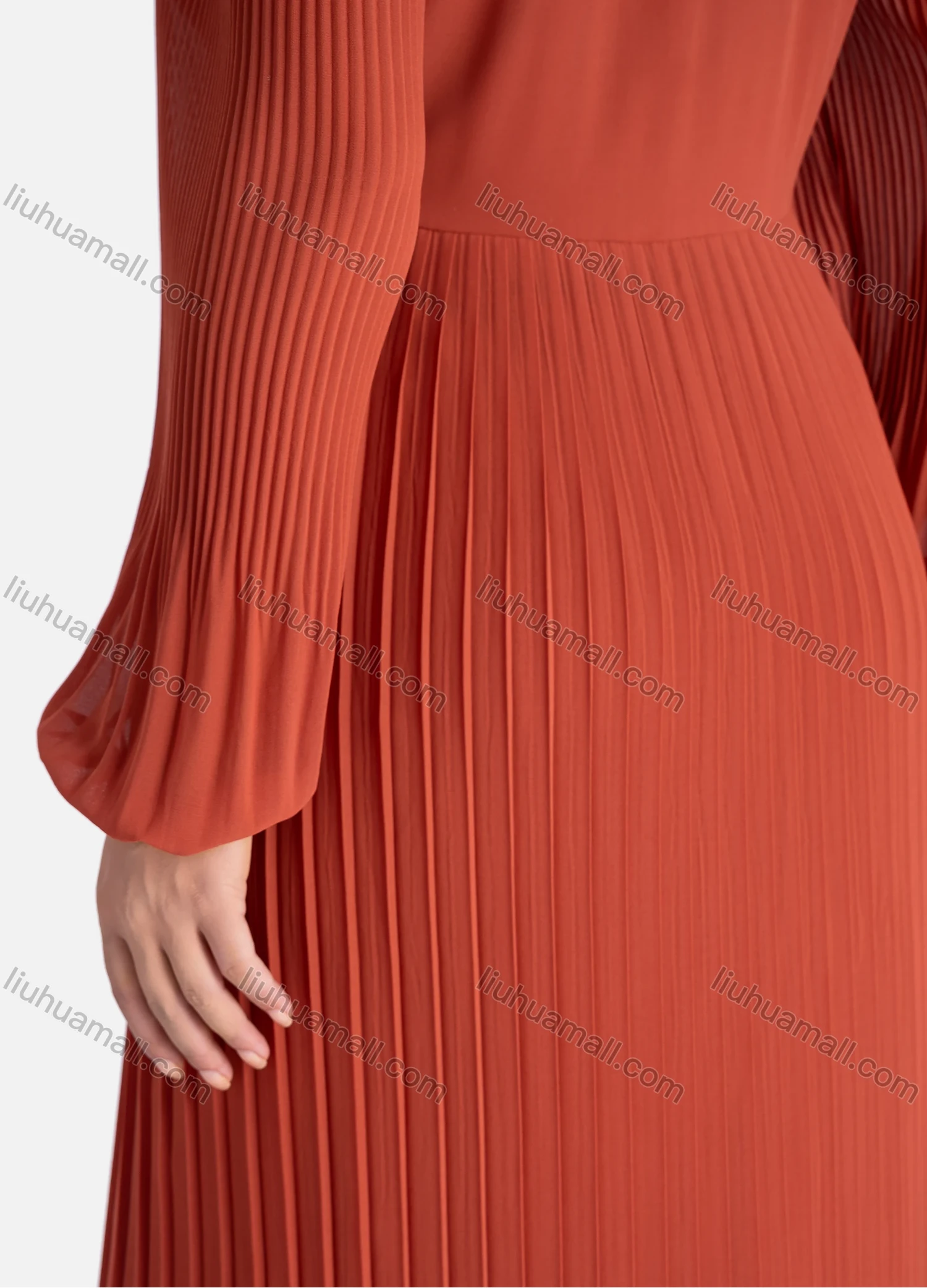 Wholesale Women's Casual Plain Tie Neck Long Sleeve Pleated Ruffle Hem Maxi Dress V2686# - Liuhuamall