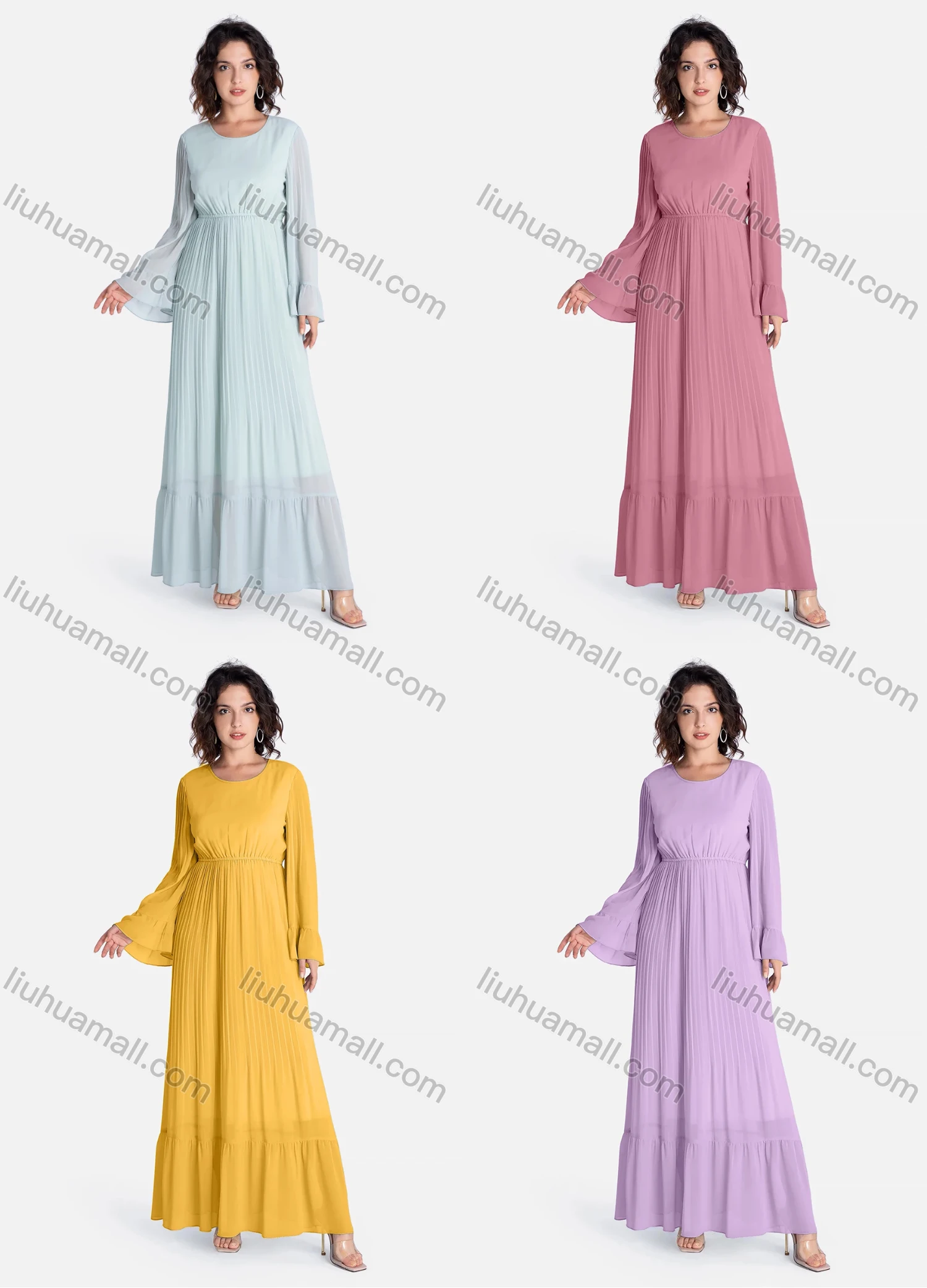 Wholesale Women's Casual Plain Round Neck Long Sleeve Ruched Ruffle Hem Maxi Dress V2683# - Liuhuamall