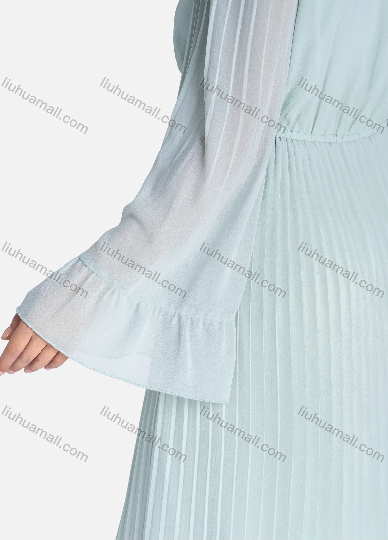 Wholesale Women's Casual Plain Round Neck Long Sleeve Ruched Ruffle Hem Maxi Dress V2683# - Liuhuamall