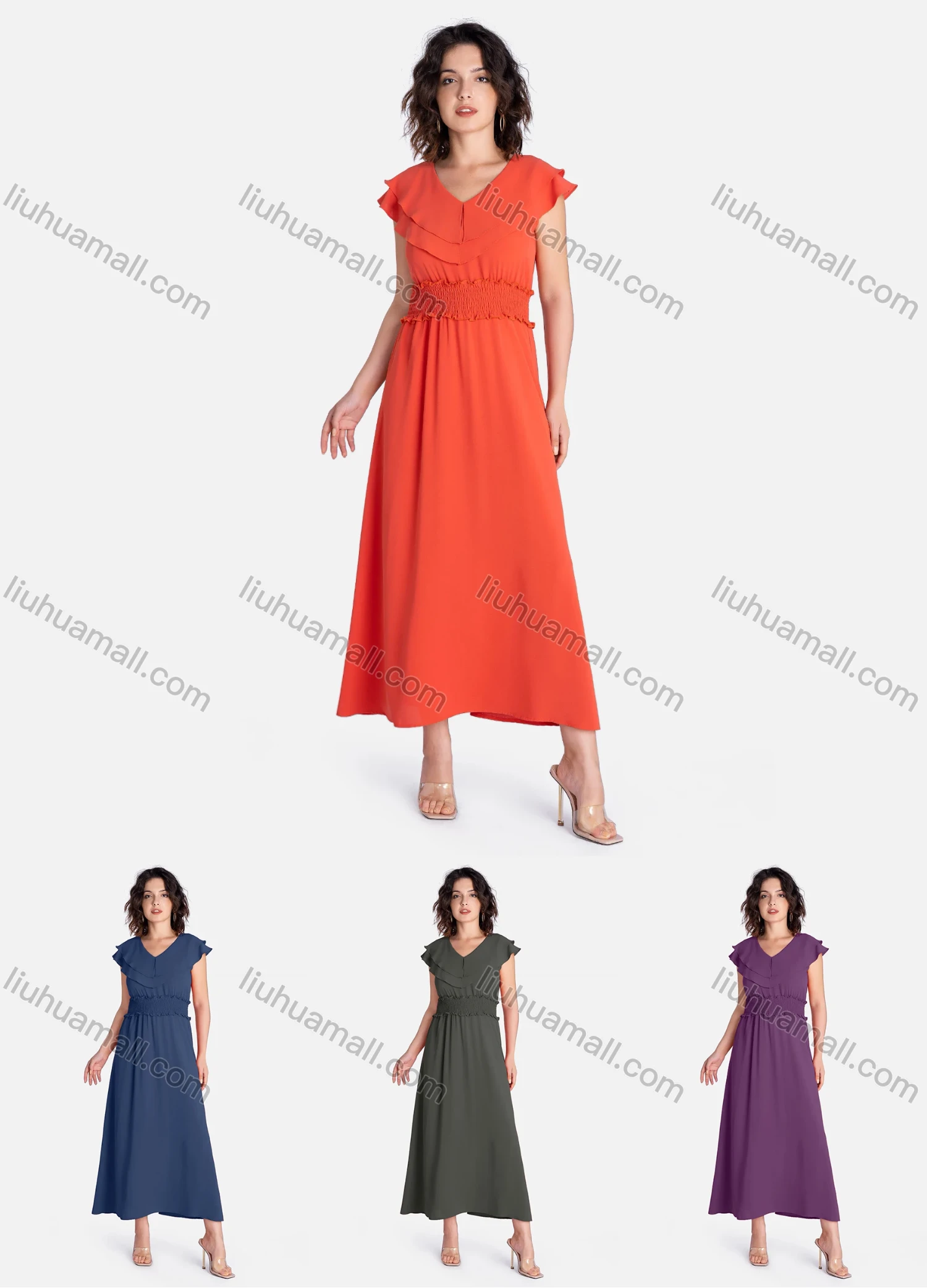 Wholesale Women's Casual Plain V Neck Layered Ruffle Trim Shirred Midi Dress V2795# - Liuhuamall