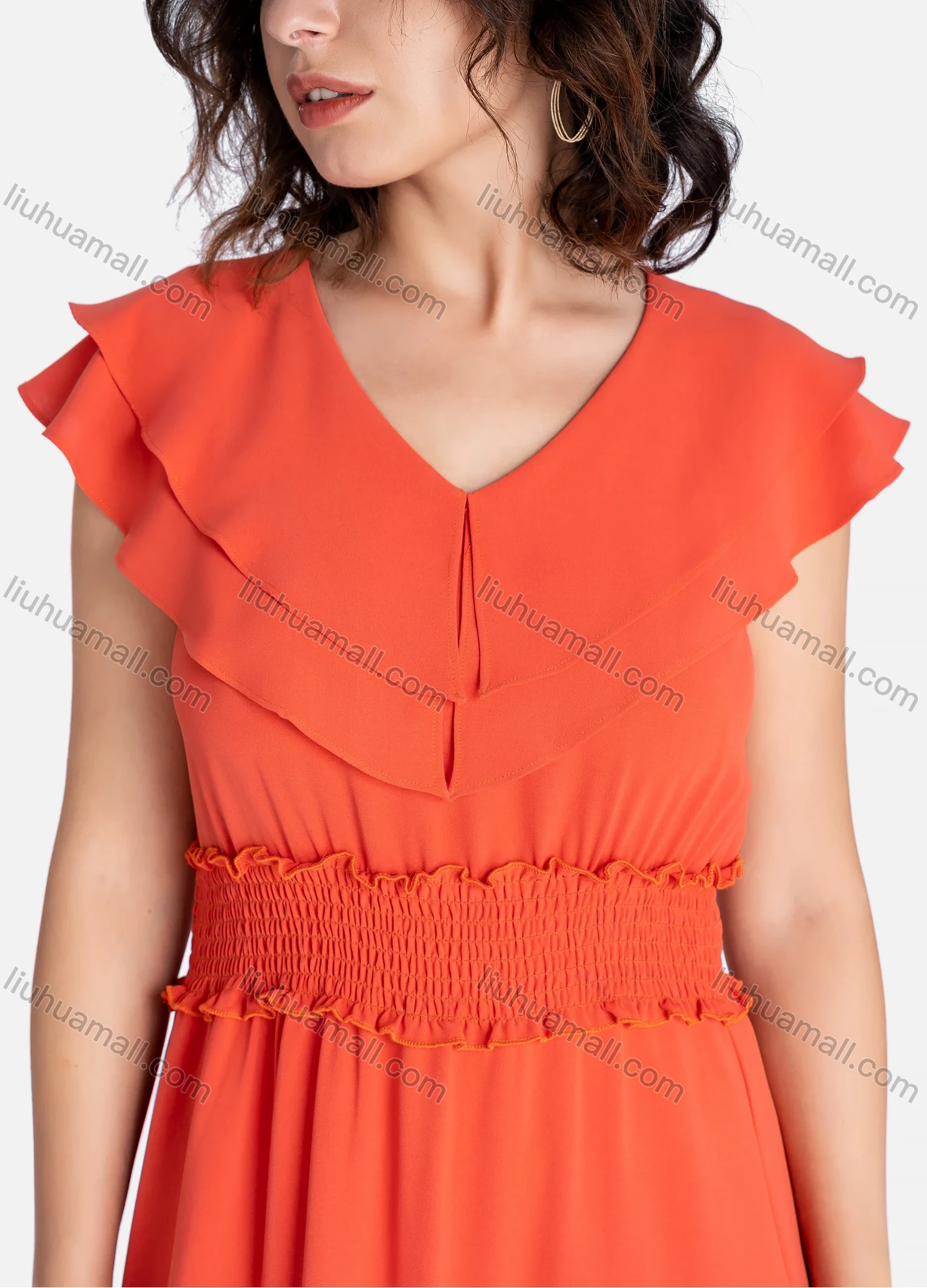 Wholesale Women's Casual Plain V Neck Layered Ruffle Trim Shirred Midi Dress V2795# - Liuhuamall