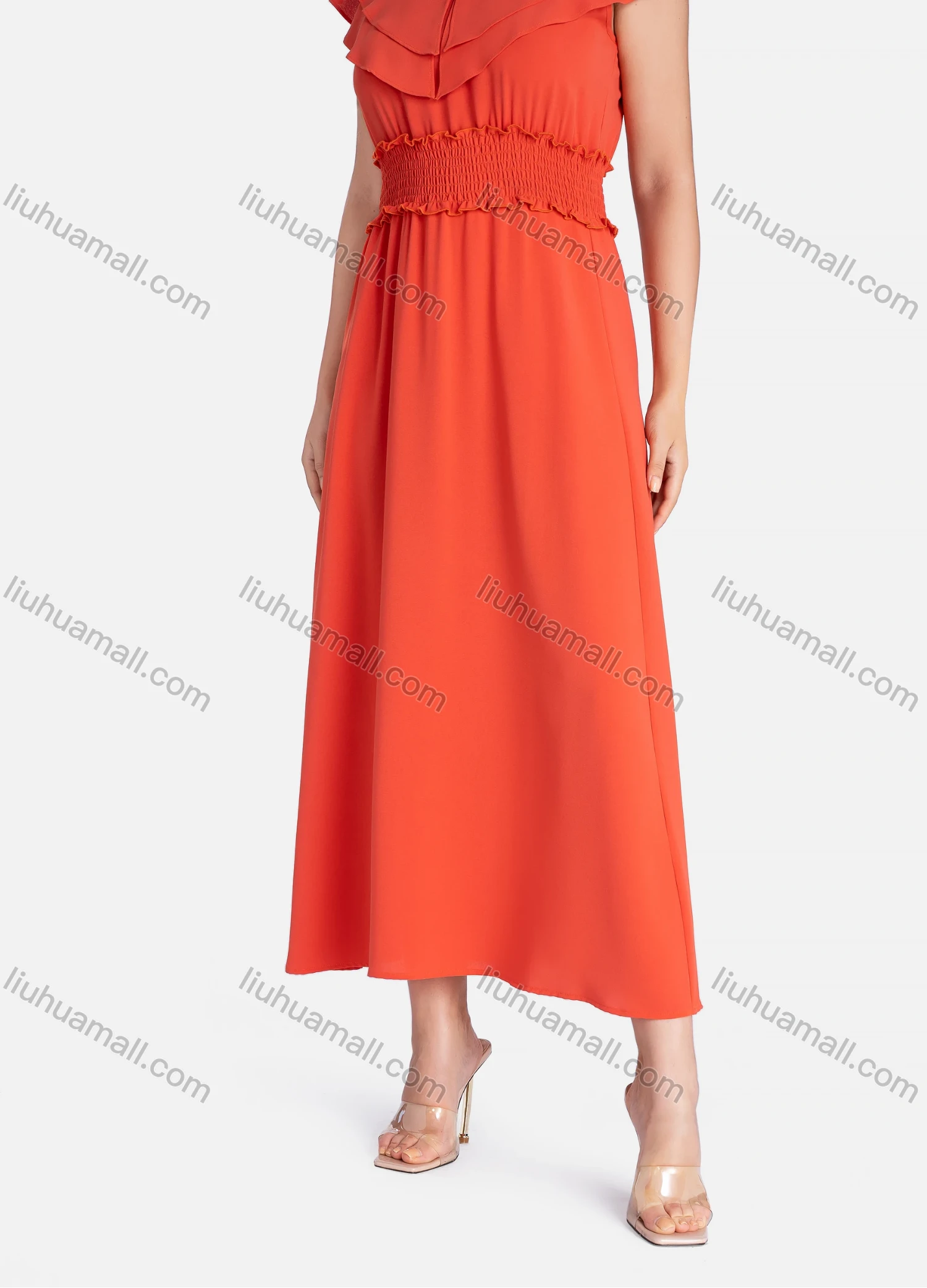 Wholesale Women's Casual Plain V Neck Layered Ruffle Trim Shirred Midi Dress V2795# - Liuhuamall