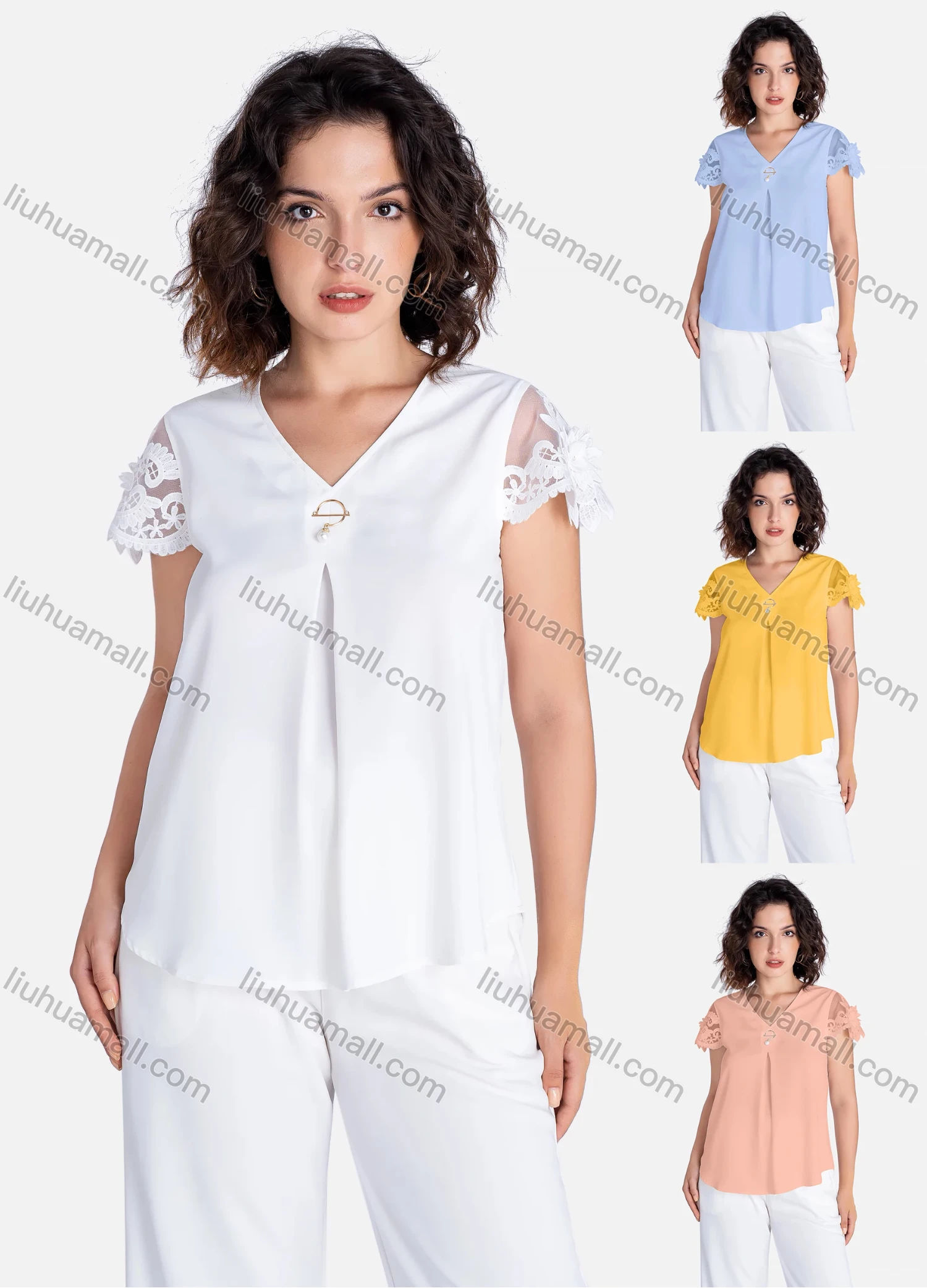 Wholesale Women's Casual Plain V Neck Pearl Decor Lace Applique Short Sleeve Blouse V2755# - Liuhuamall