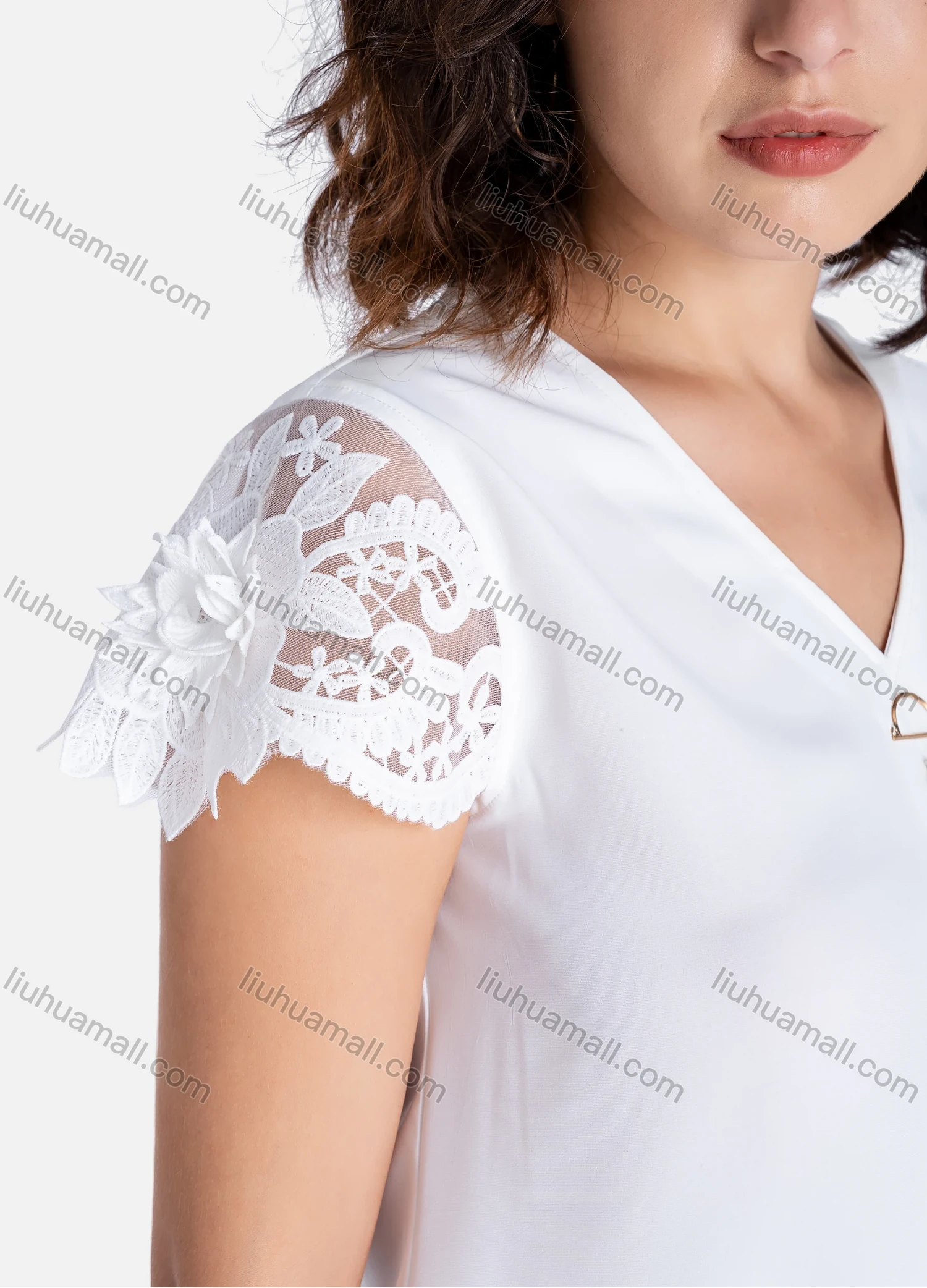 Wholesale Women's Casual Plain V Neck Pearl Decor Lace Applique Short Sleeve Blouse V2755# - Liuhuamall