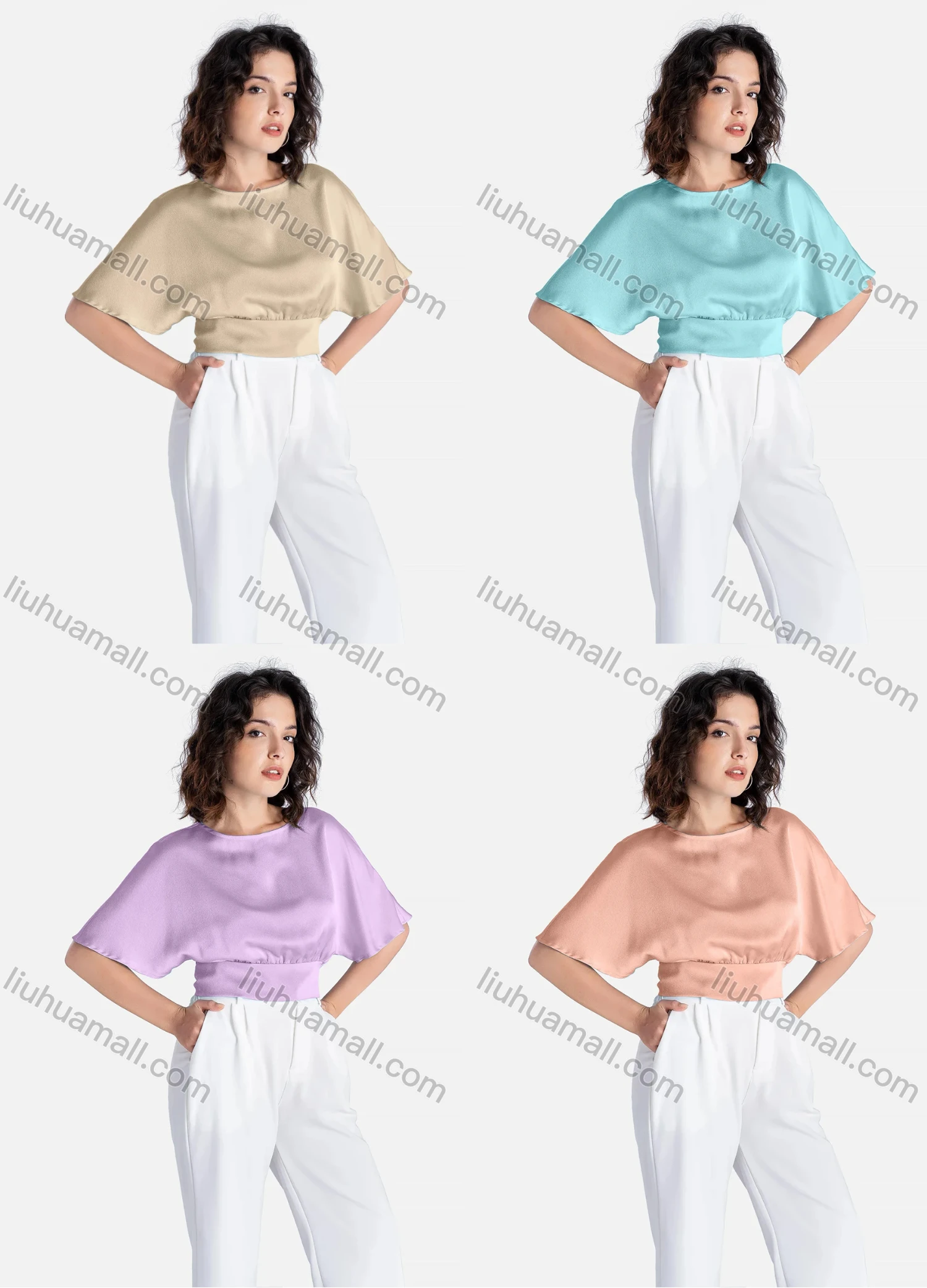 Wholesale Women's Casual Plain Round Neck Cut Out Half Sleeve Tie Back Crop Blouse - Liuhuamall