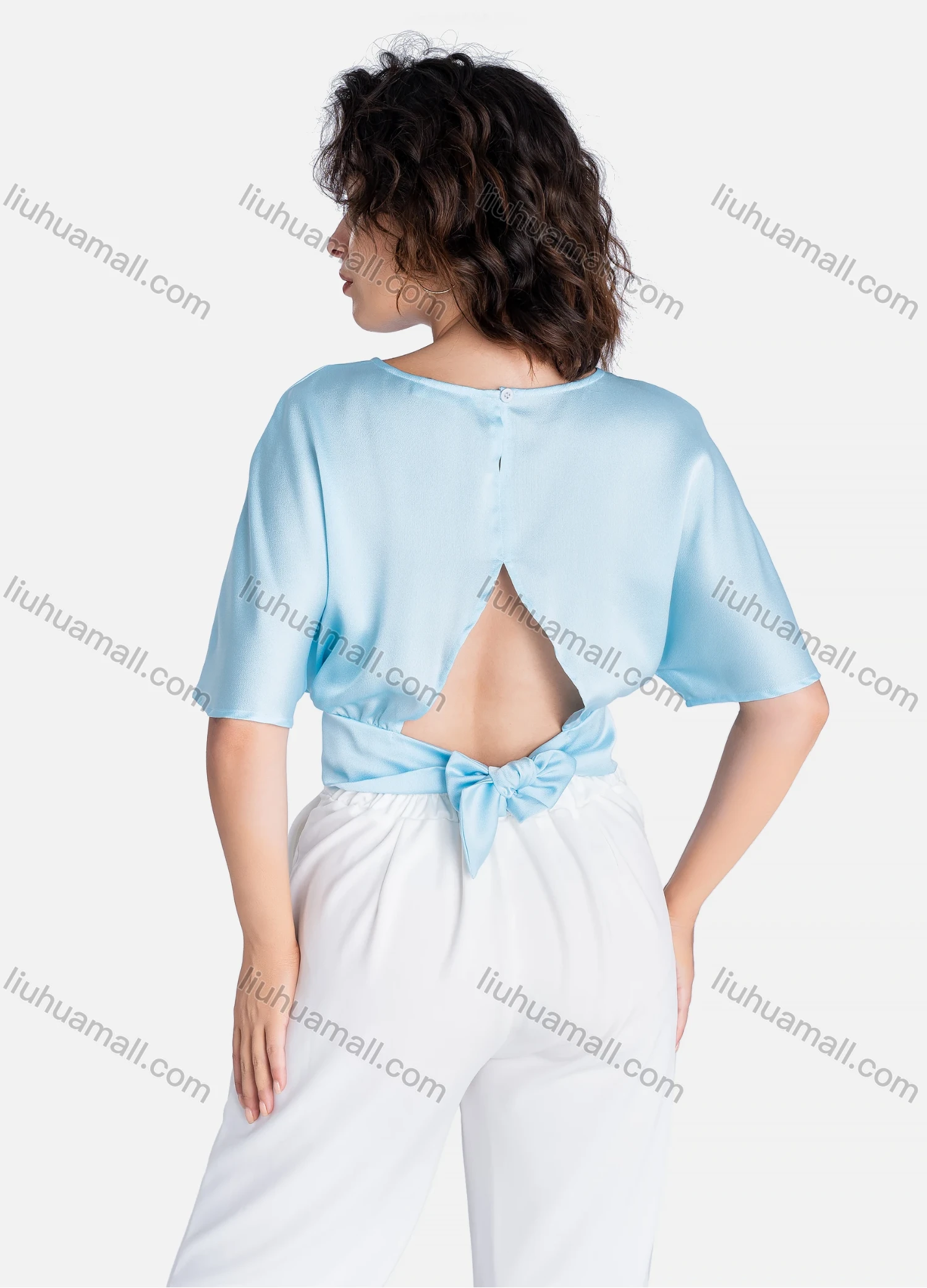 Wholesale Women's Casual Plain Round Neck Cut Out Half Sleeve Tie Back Crop Blouse - Liuhuamall