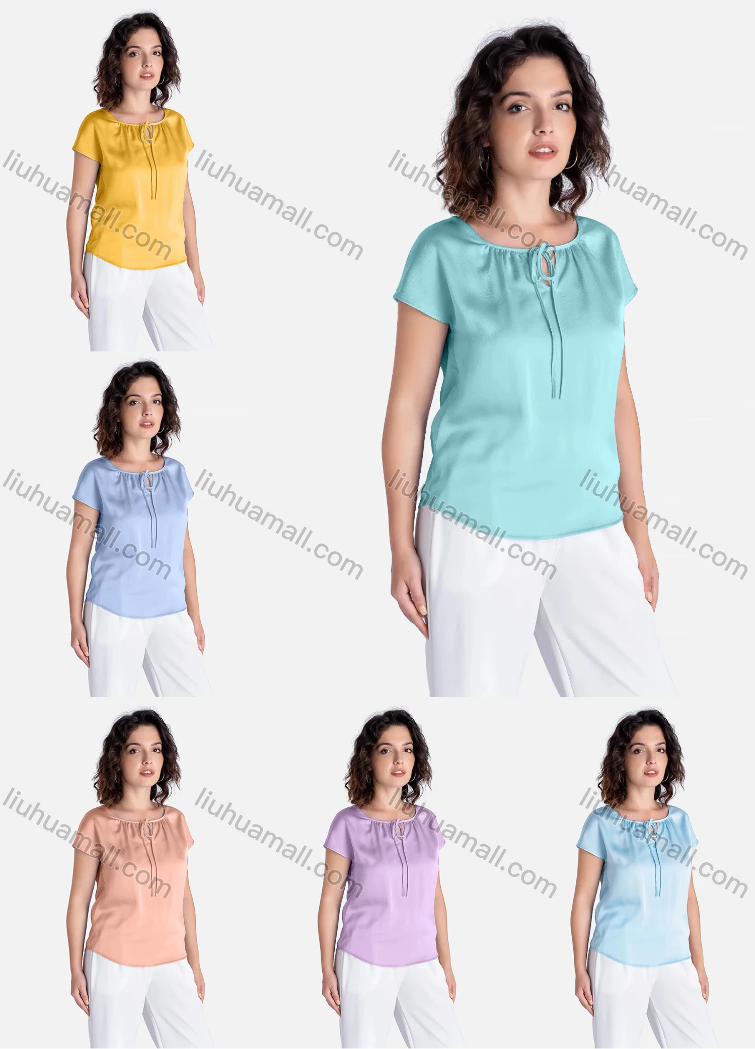 Wholesale Women's Casual Plain Tie Neck Short Sleeve Blouse V1914# - Liuhuamall