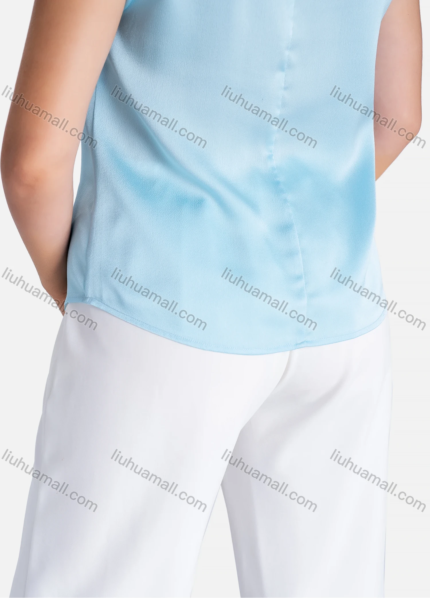 Wholesale Women's Casual Plain Tie Neck Short Sleeve Blouse V1914# - Liuhuamall