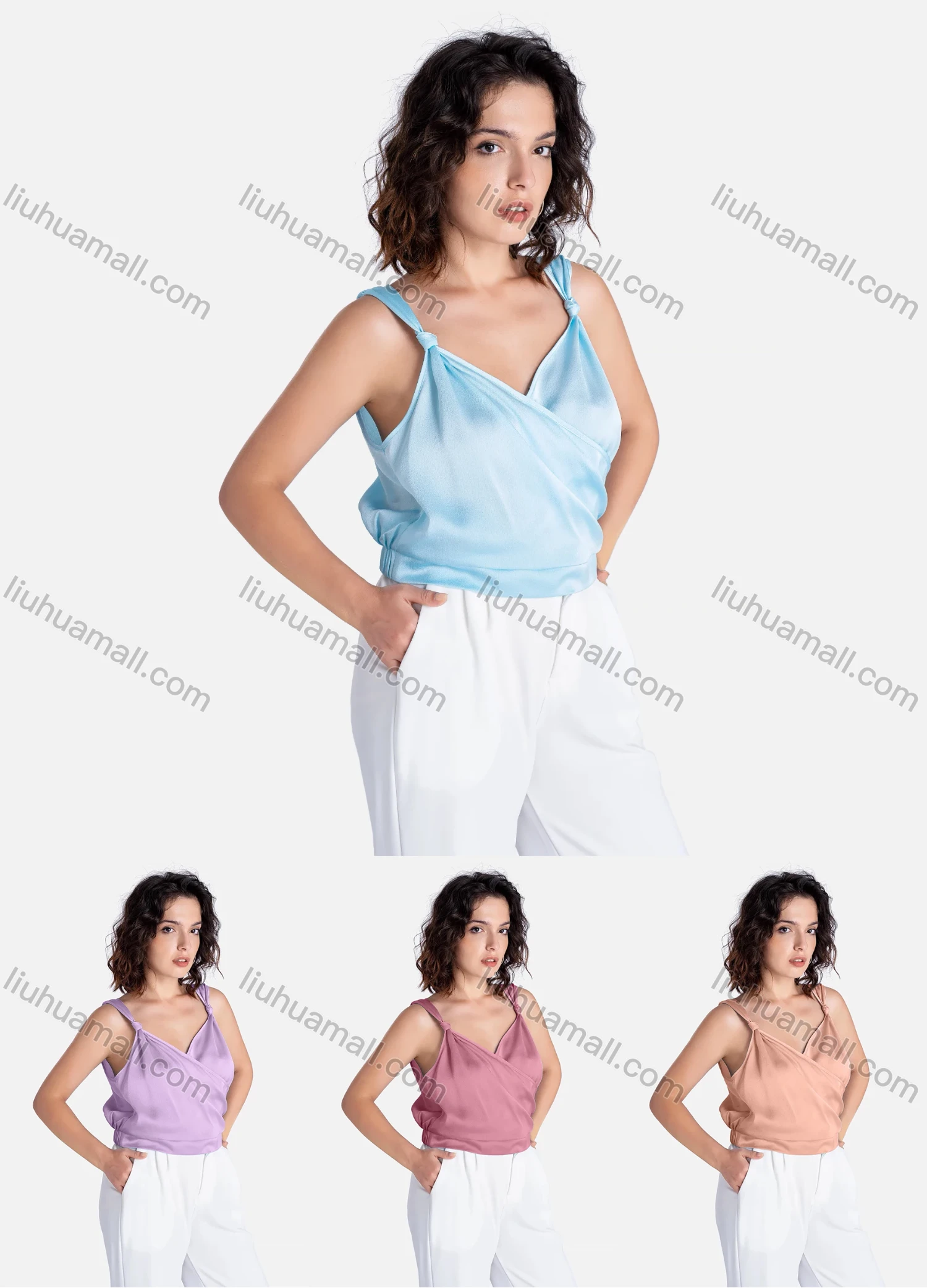 Wholesale Women's Casual Plain Wrap V Neck Tie Side Knot Tank Top V1911# - Liuhuamall