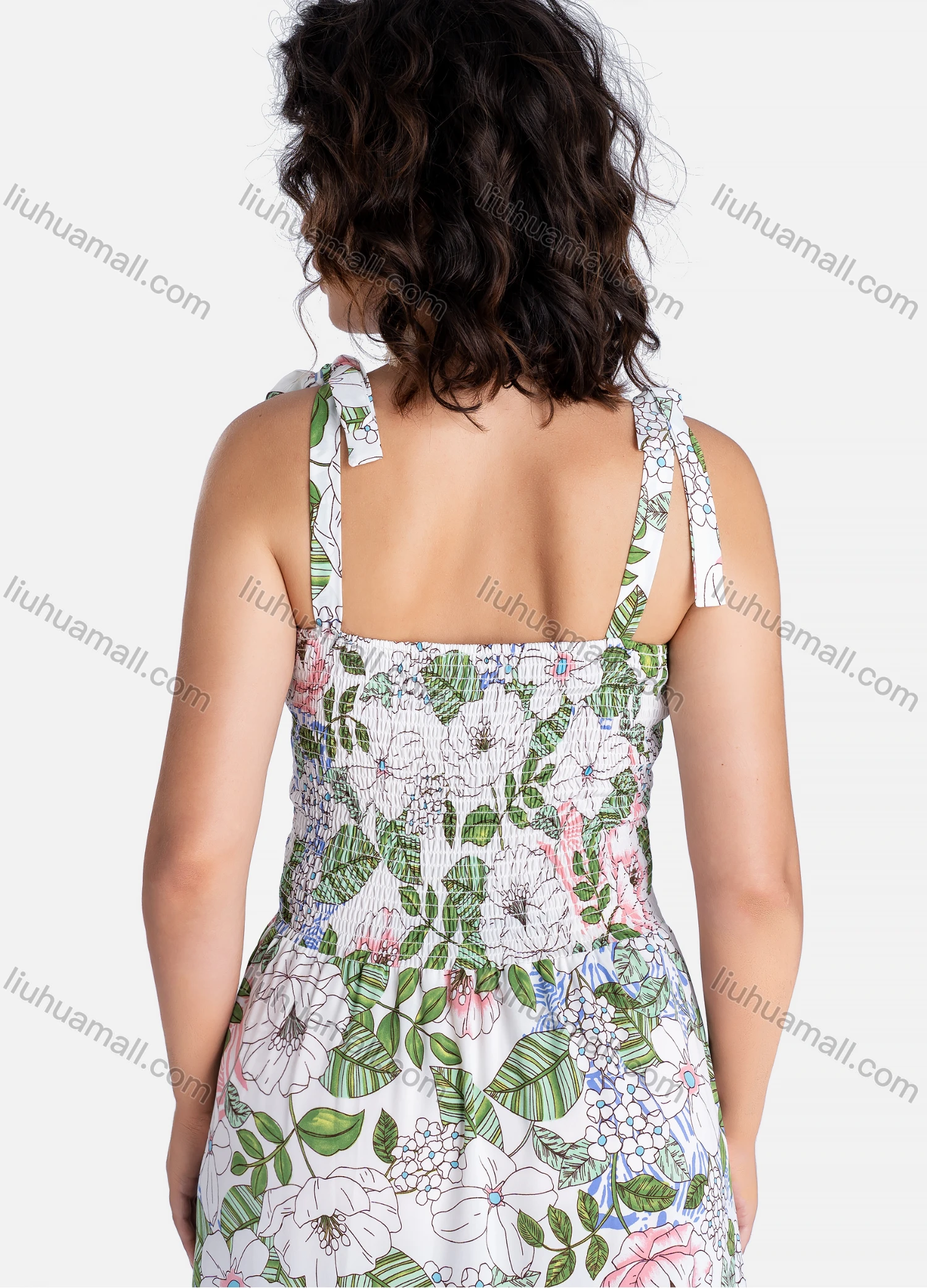 Wholesale Women's Casual Floral Print Lace Up Straps Shirred Ruffle Hem Maxi Cami Dress - Liuhuamall