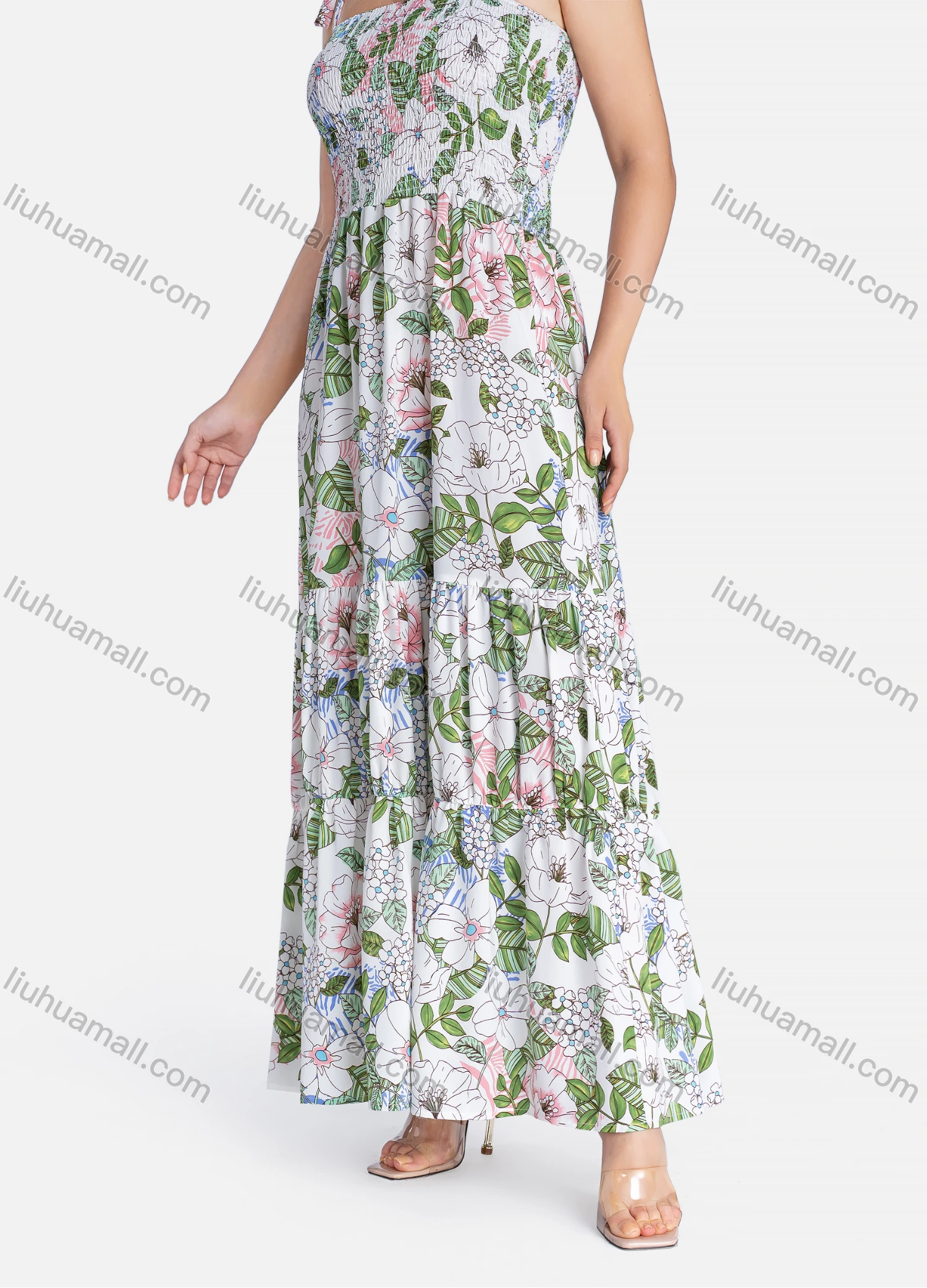 Wholesale Women's Casual Floral Print Lace Up Straps Shirred Ruffle Hem Maxi Cami Dress - Liuhuamall