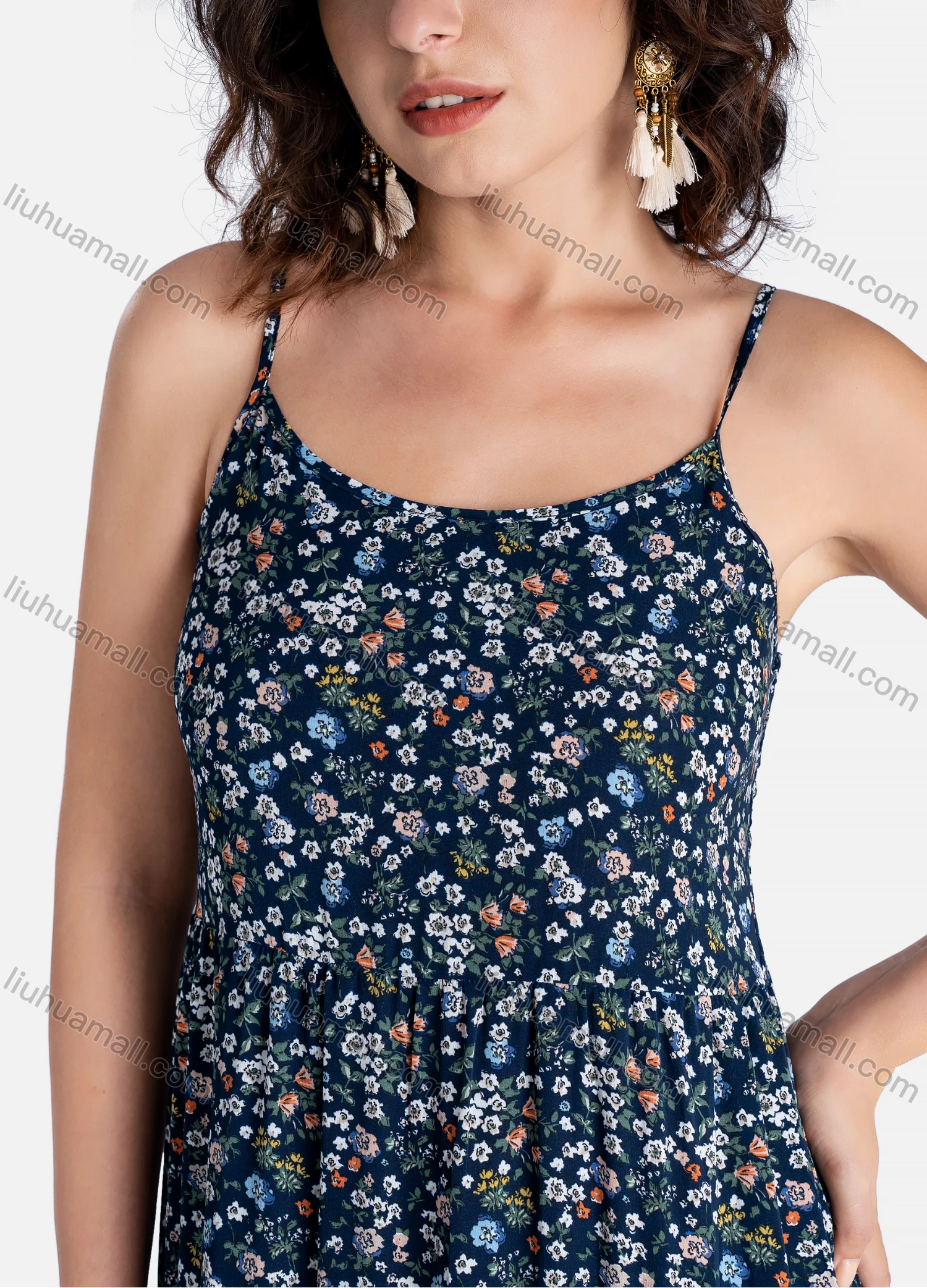 Wholesale Women's Casual Floral Print Spaghetti Straps Shirred Ruffle Hem Maxi Cami Dress - Liuhuamall