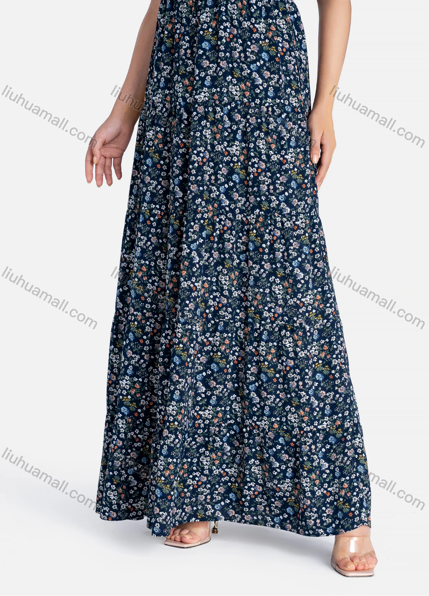 Wholesale Women's Casual Floral Print Spaghetti Straps Shirred Ruffle Hem Maxi Cami Dress - Liuhuamall