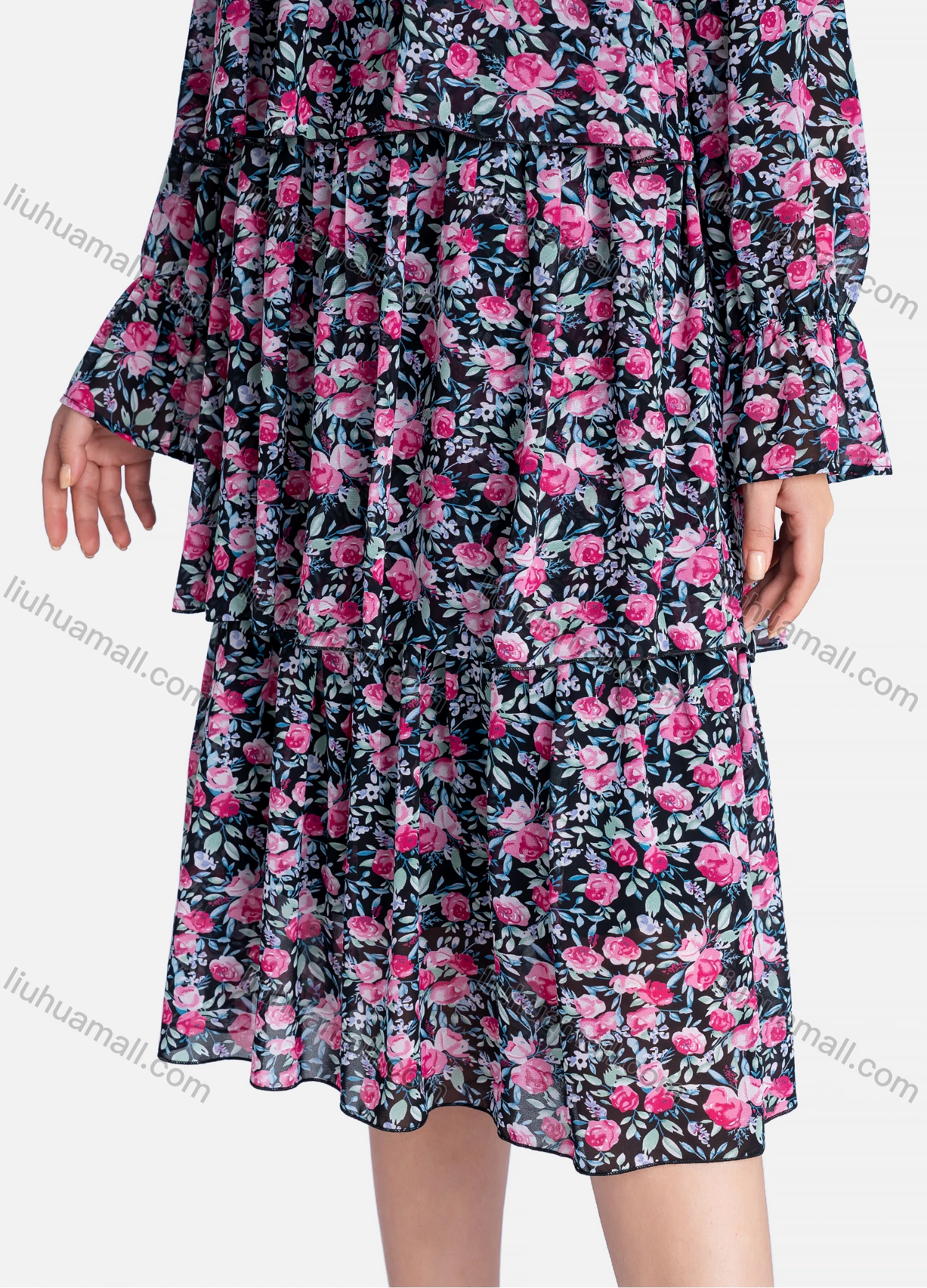 Wholesale Women's Casual Floral Print Mock Neck Long Sleeve Layered Ruffle Hem Midi Dress - Liuhuamall