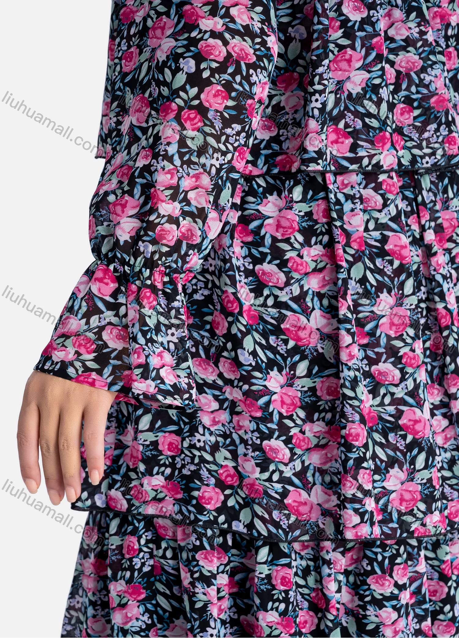 Wholesale Women's Casual Floral Print Mock Neck Long Sleeve Layered Ruffle Hem Midi Dress - Liuhuamall