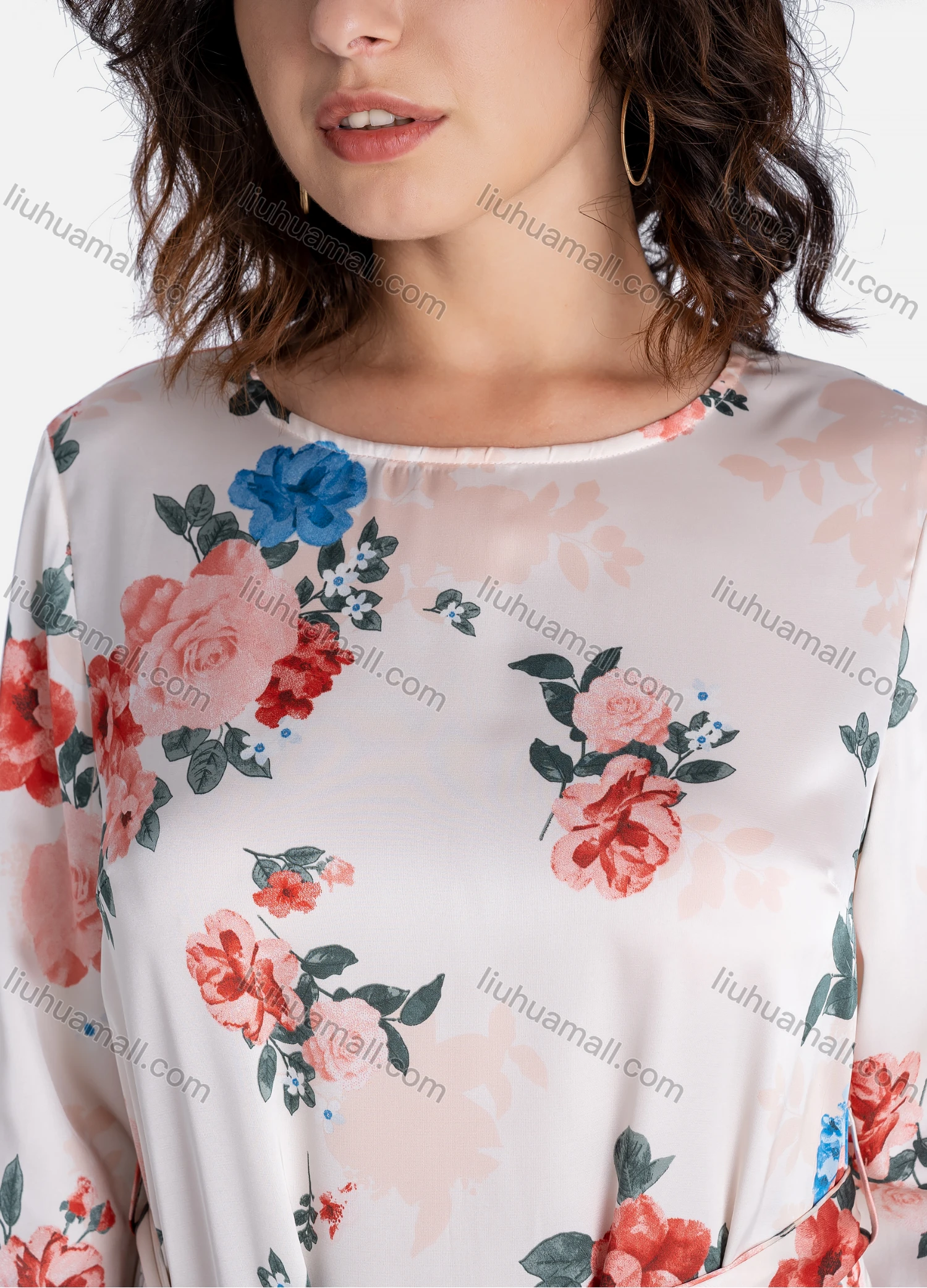 Wholesale Women's Casual Floral Print Round Neck Long Sleeve Tie Side Ruffle Hem Midi Dress With Belt - Liuhuamall