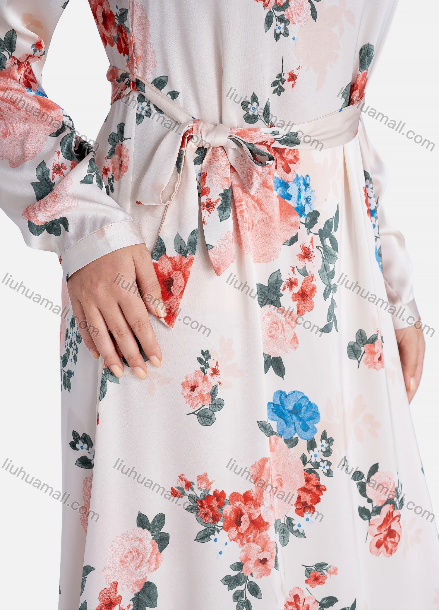 Wholesale Women's Casual Floral Print Round Neck Long Sleeve Tie Side Ruffle Hem Midi Dress With Belt - Liuhuamall