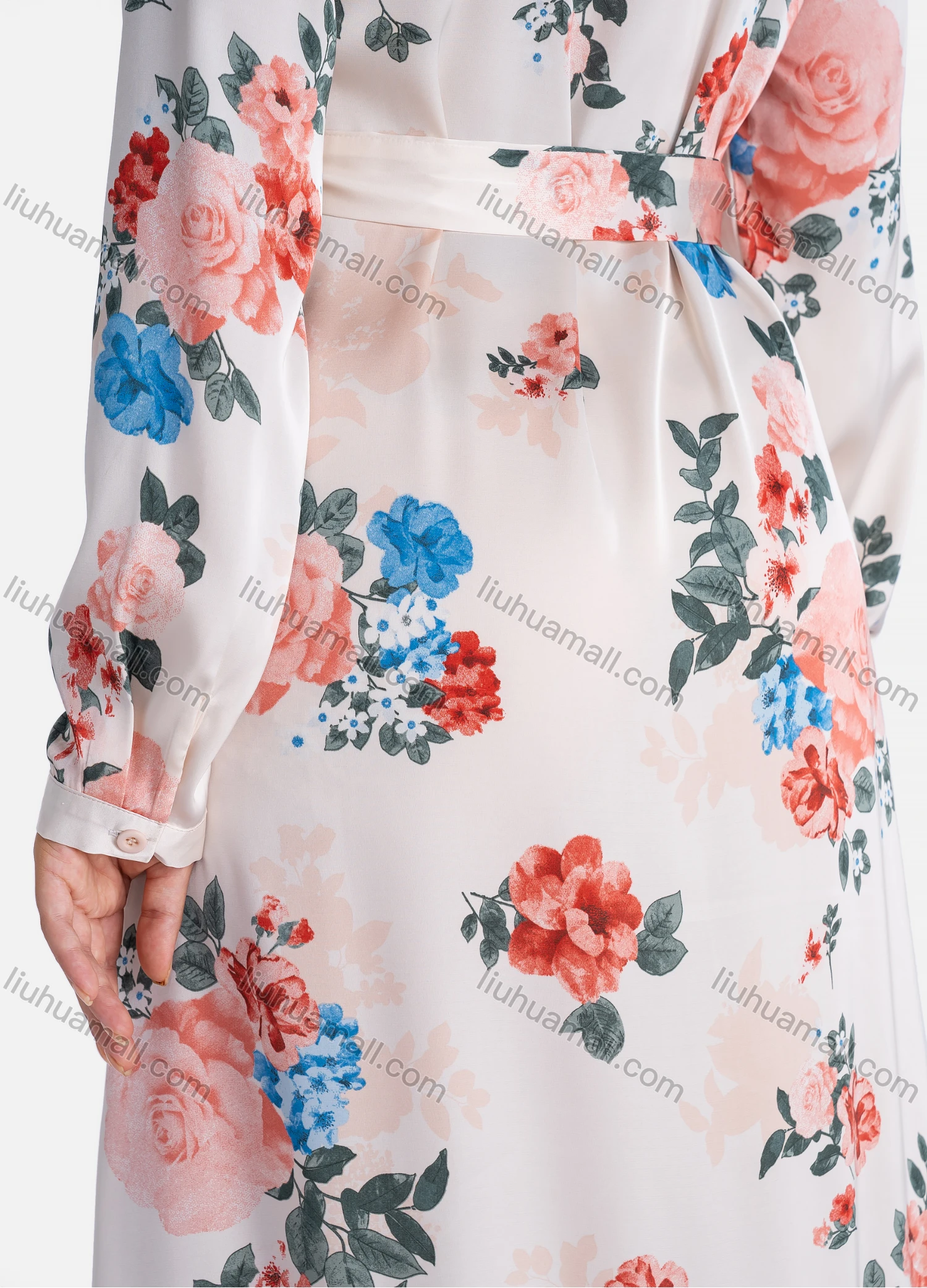 Wholesale Women's Casual Floral Print Round Neck Long Sleeve Tie Side Ruffle Hem Midi Dress With Belt - Liuhuamall