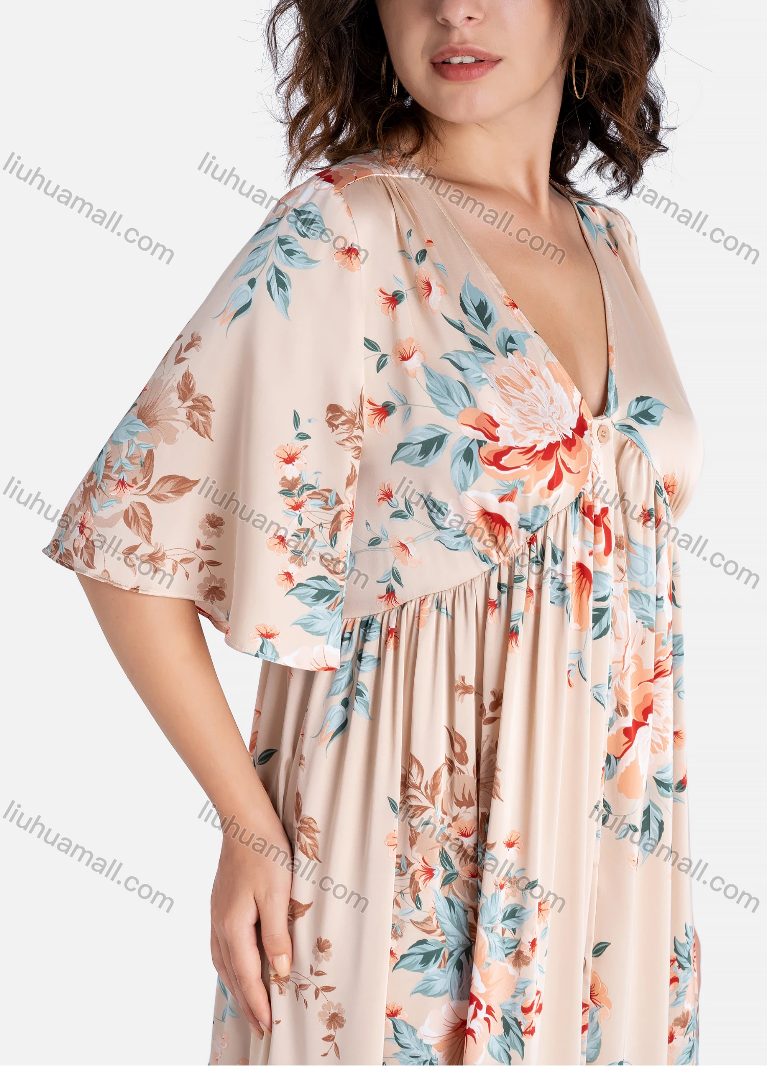 Wholesale Women's Casual Floral Print V Neck Button Down Ruched Half Sleeve Ruffle Hem Midi Dress - Liuhuamall