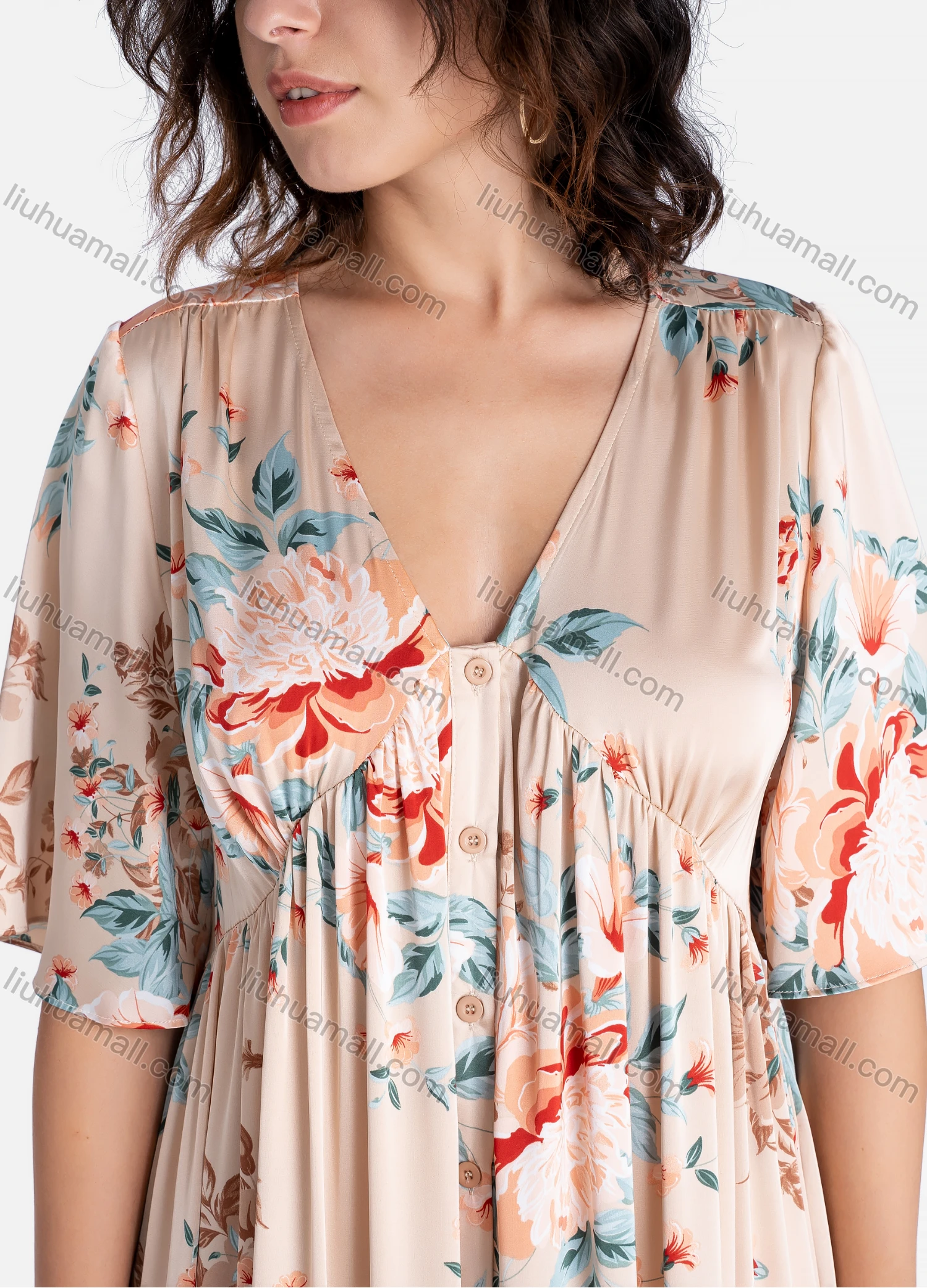 Wholesale Women's Casual Floral Print V Neck Button Down Ruched Half Sleeve Ruffle Hem Midi Dress - Liuhuamall
