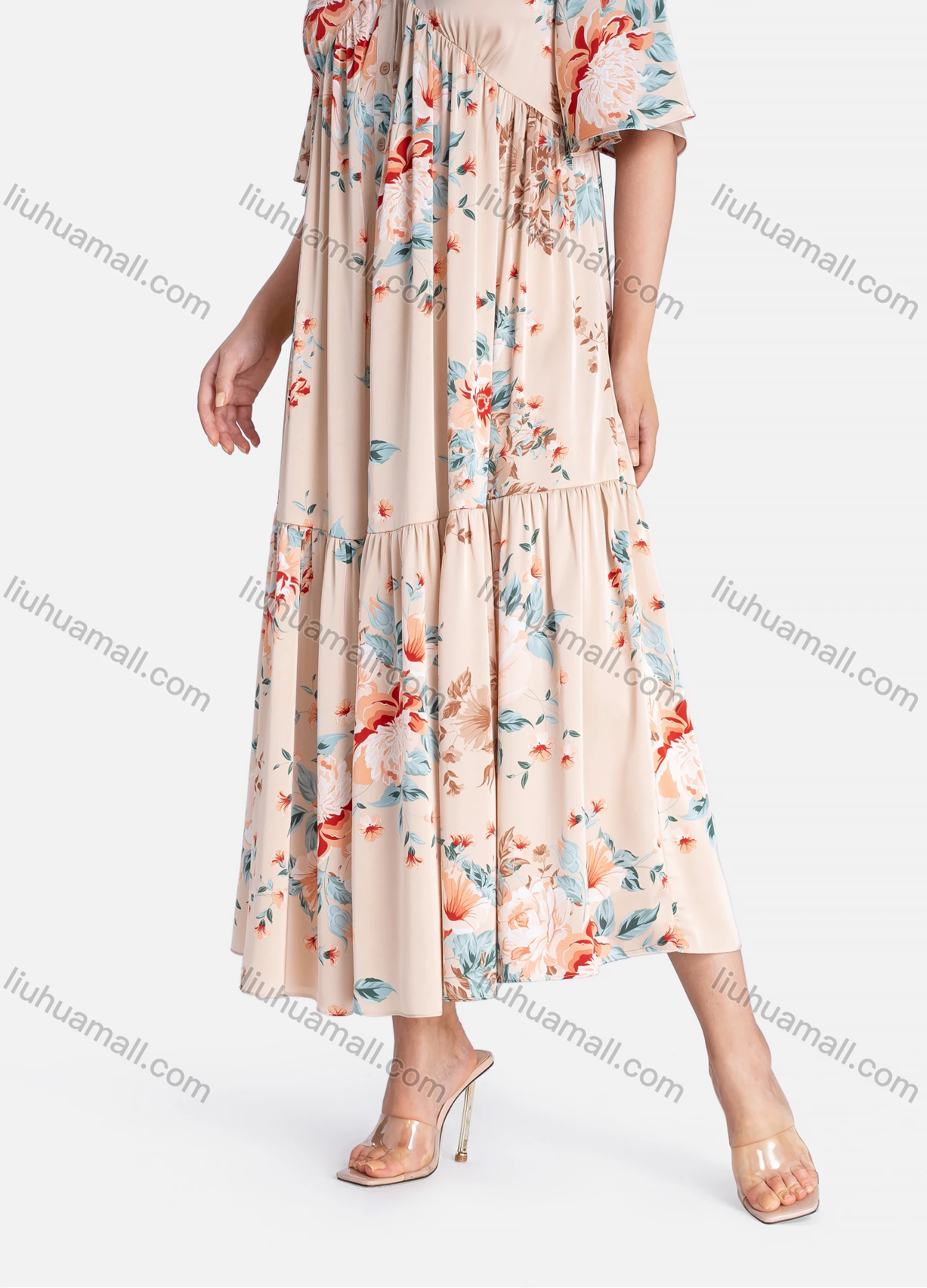 Wholesale Women's Casual Floral Print V Neck Button Down Ruched Half Sleeve Ruffle Hem Midi Dress - Liuhuamall