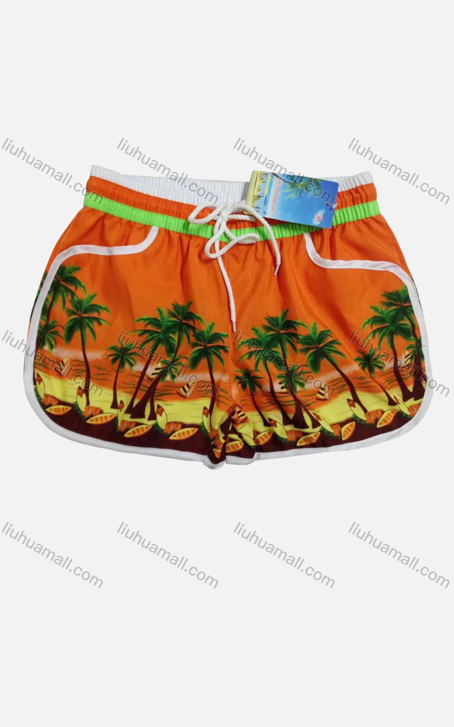 Wholesale Women's Vacation Contrast Tropical Print Drawstring Beach Shorts - Liuhuamall