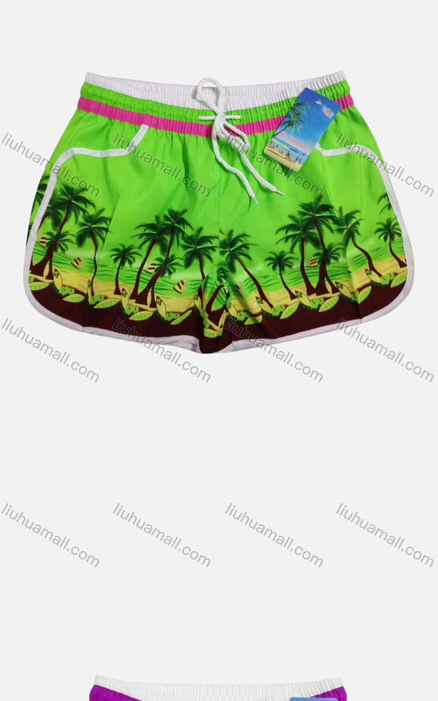 Wholesale Women's Vacation Contrast Tropical Print Drawstring Beach Shorts - Liuhuamall
