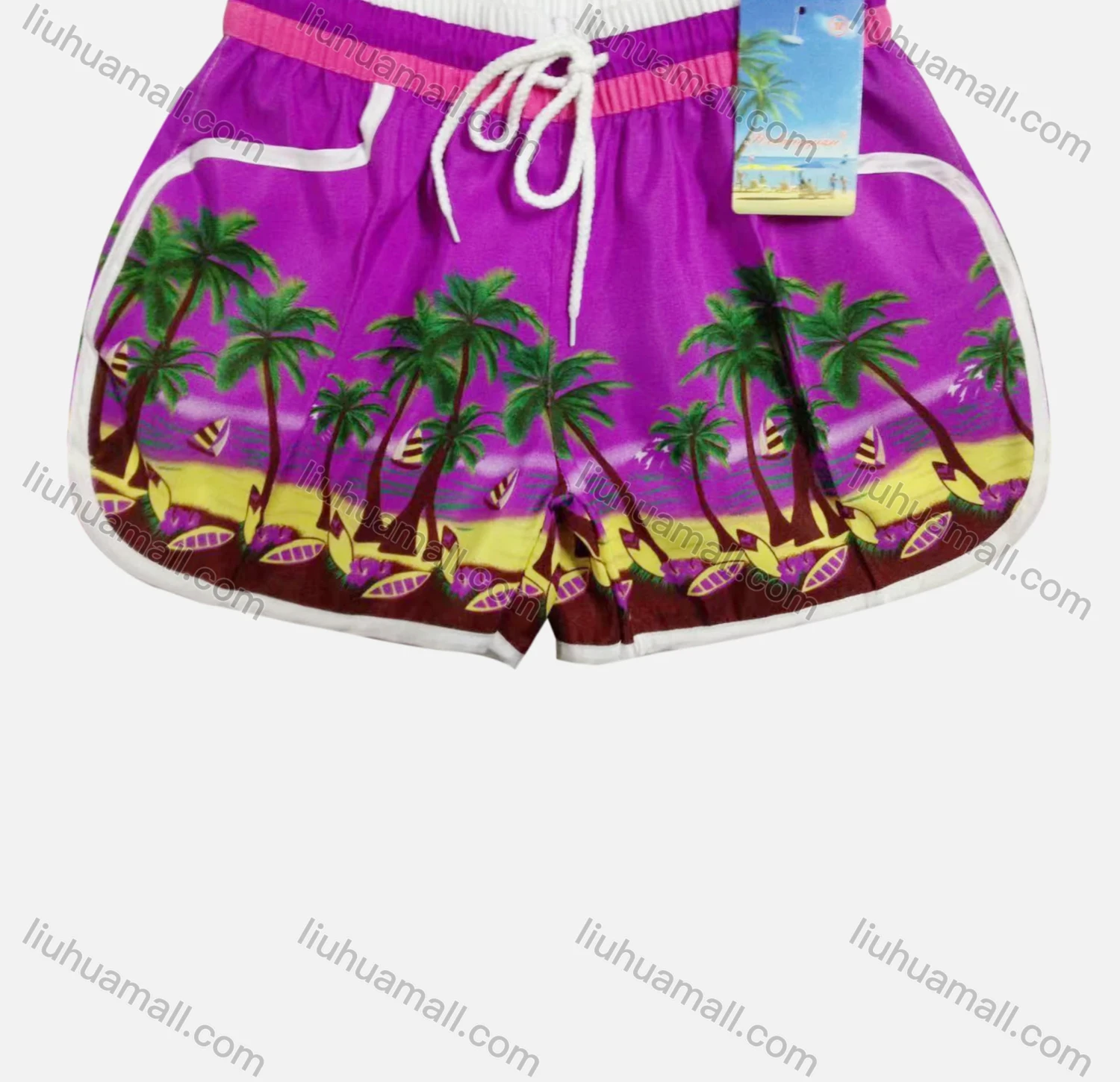 Wholesale Women's Vacation Contrast Tropical Print Drawstring Beach Shorts - Liuhuamall