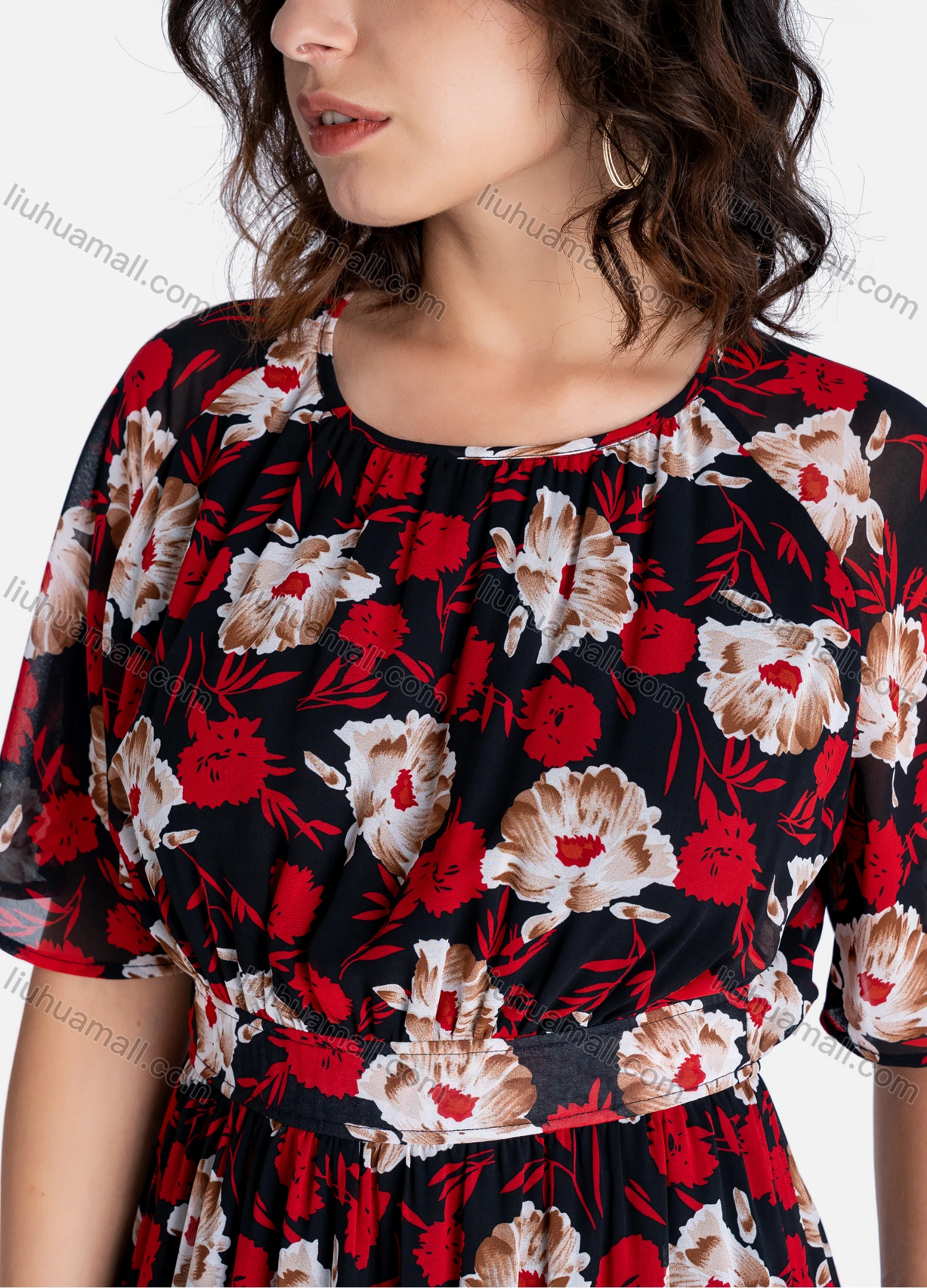 Wholesale Women's Casual Flroal Print Round Neck Short Sleeve Ruffle Hem Midi Dress - Liuhuamall