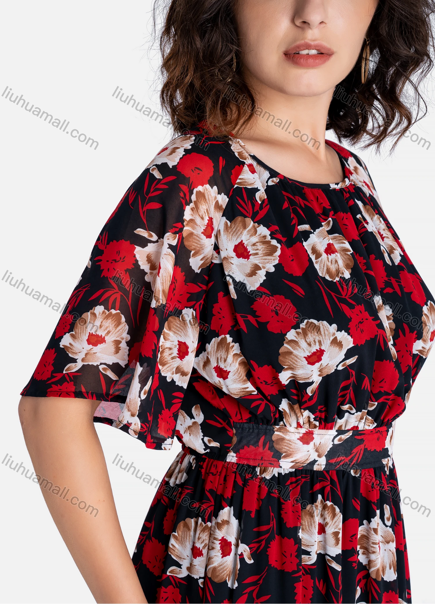 Wholesale Women's Casual Flroal Print Round Neck Short Sleeve Ruffle Hem Midi Dress - Liuhuamall