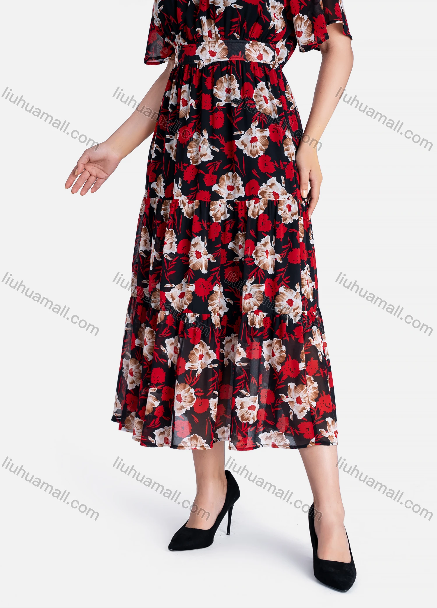 Wholesale Women's Casual Flroal Print Round Neck Short Sleeve Ruffle Hem Midi Dress - Liuhuamall