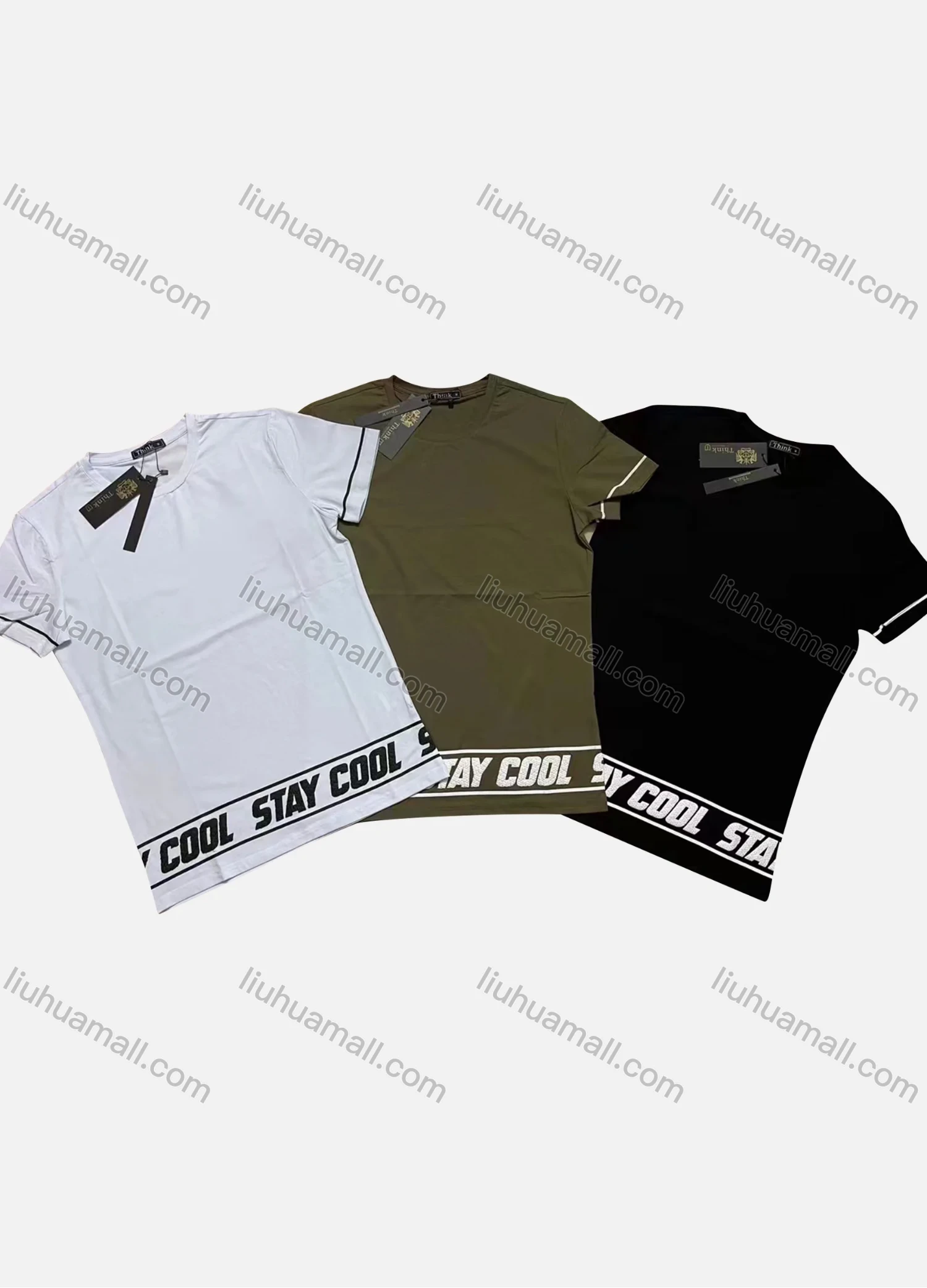 Wholesale Men's Casual Round Neck Striped Trim Short Sleeve Letter Print T-Shirt - Liuhuamall