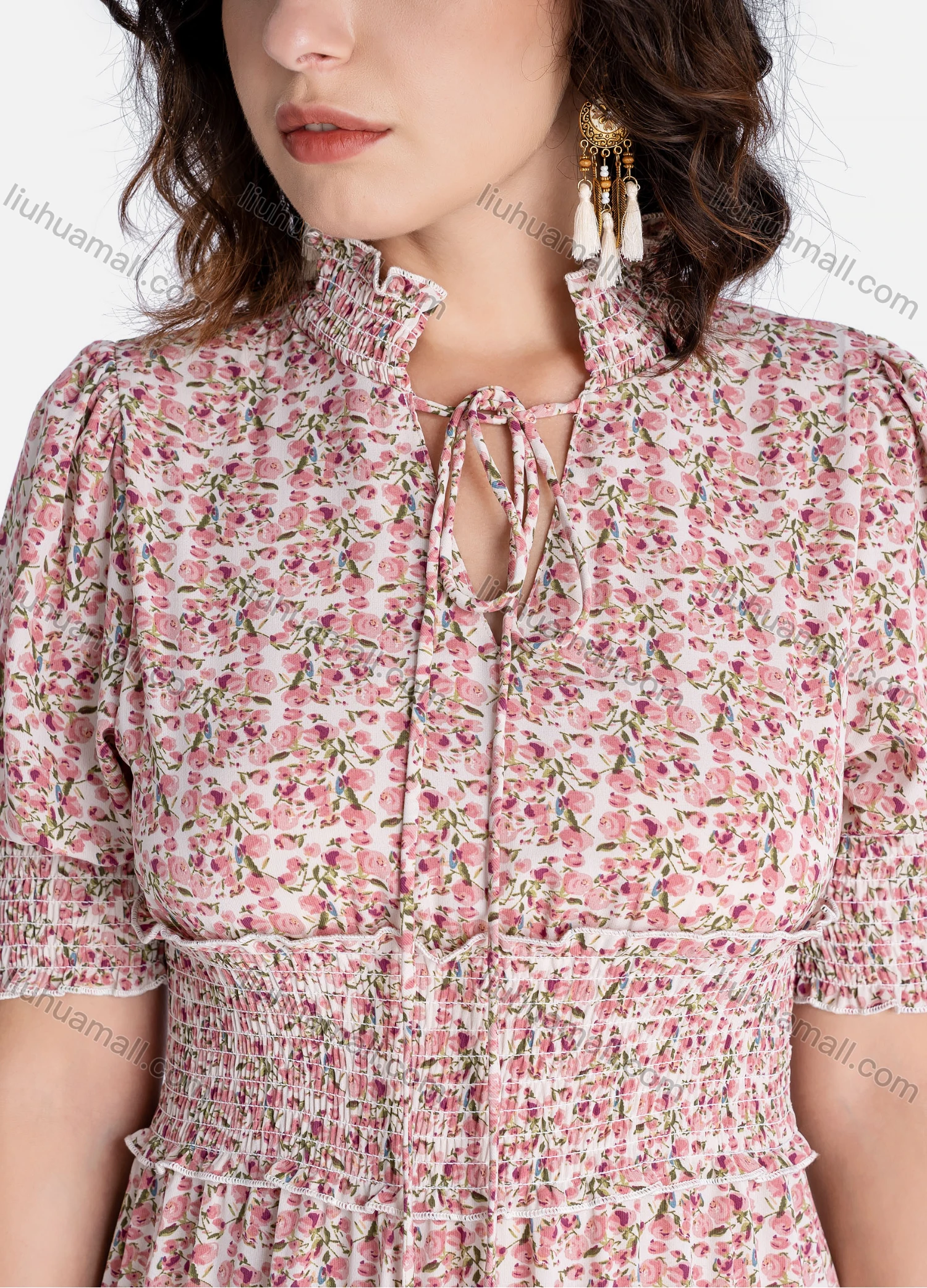 Wholesale Women's Casual Floral Print Tie Neck Shirred Half Sleeve Ruffle Hem Midi Dress - Liuhuamall