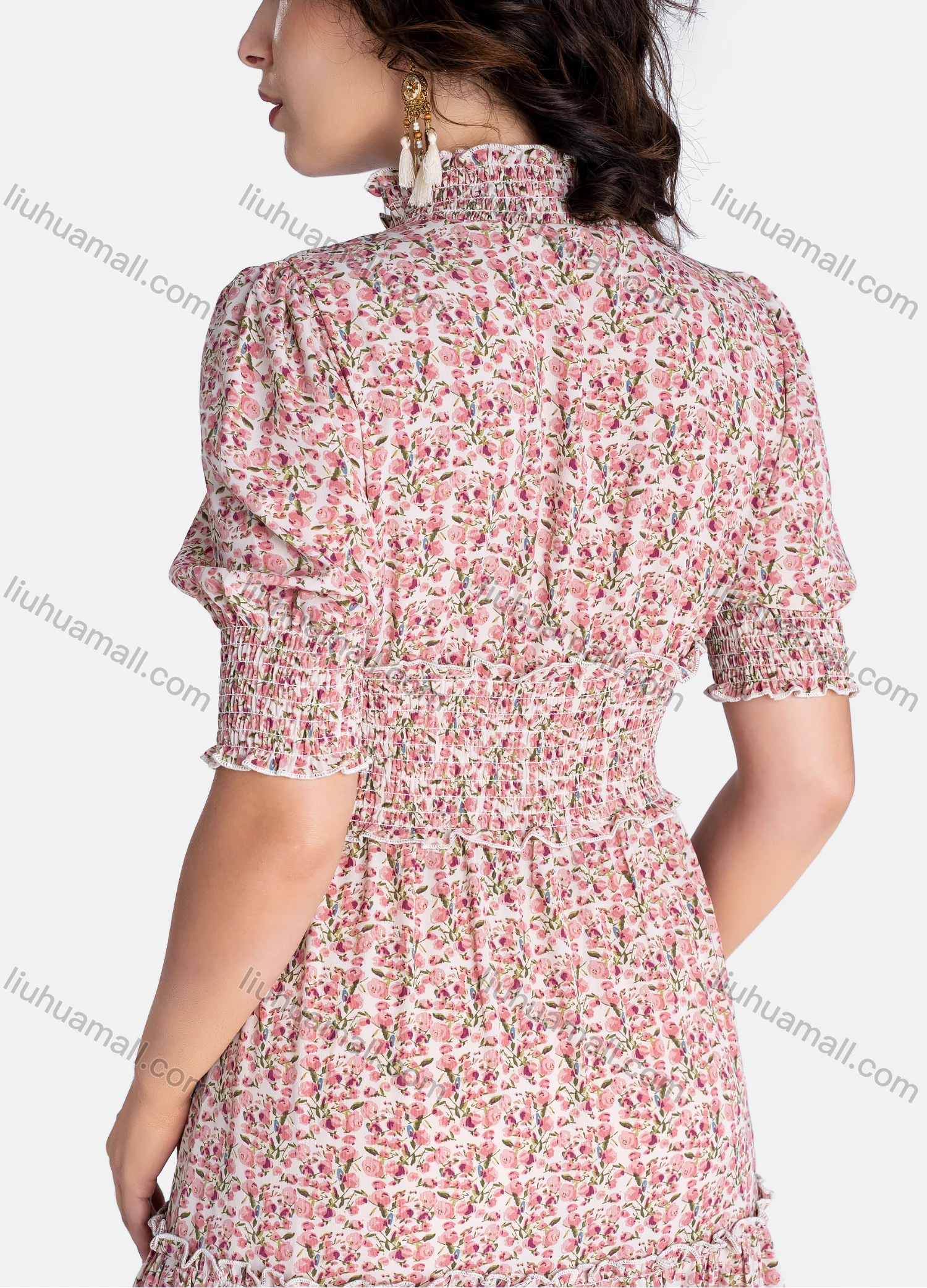 Wholesale Women's Casual Floral Print Tie Neck Shirred Half Sleeve Ruffle Hem Midi Dress - Liuhuamall