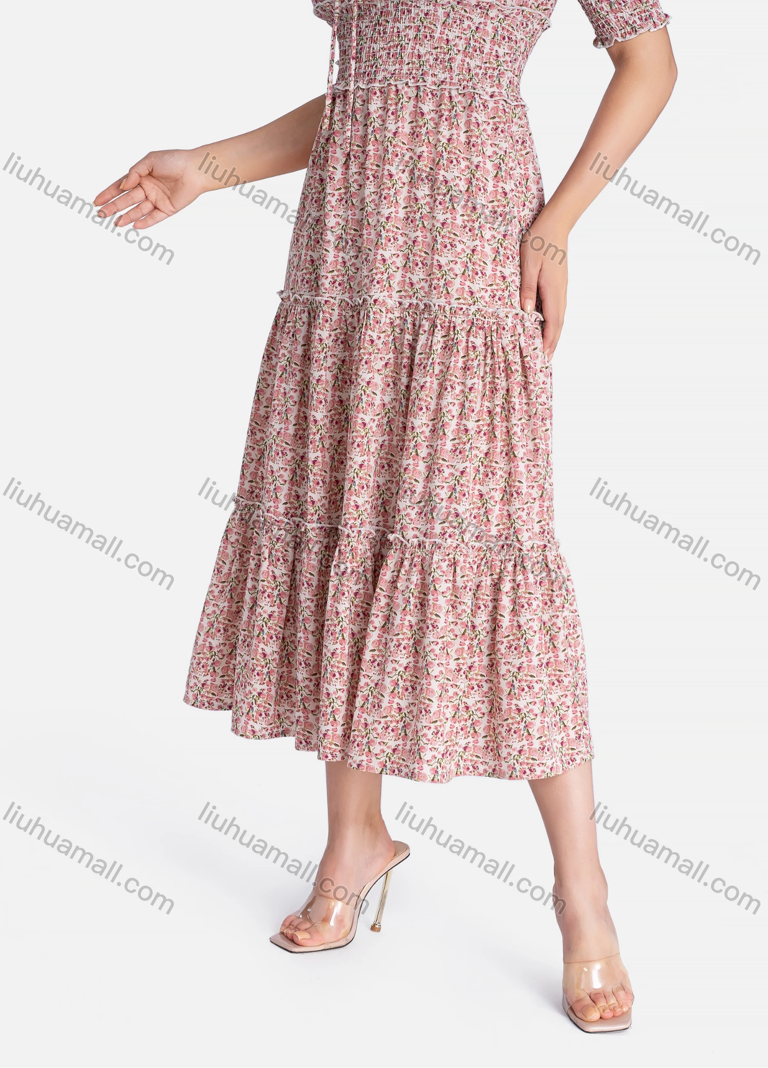 Wholesale Women's Casual Floral Print Tie Neck Shirred Half Sleeve Ruffle Hem Midi Dress - Liuhuamall